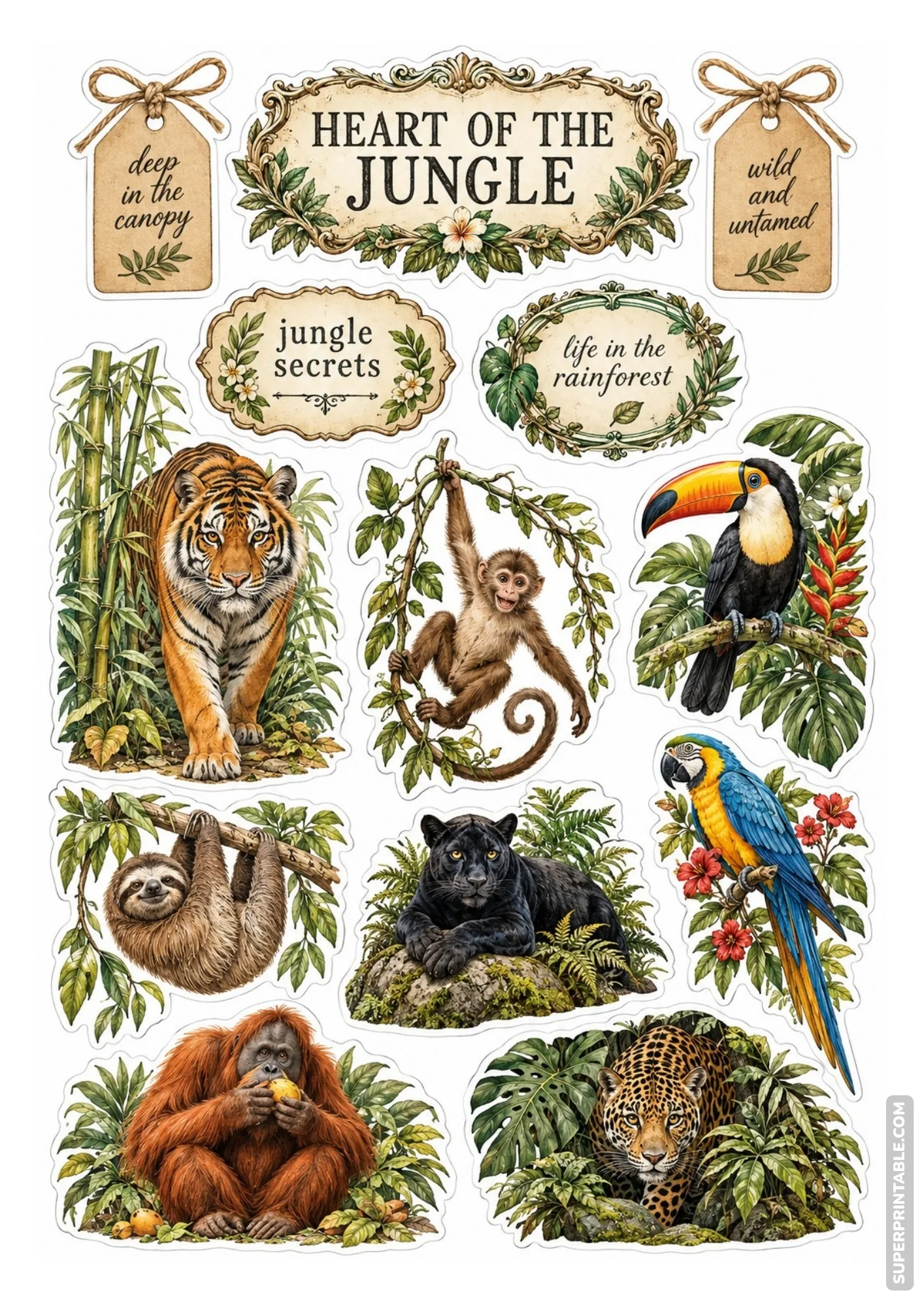 Vintage rainforest sticker sheet featuring tigers, macaws, toucans, and jungle animals.