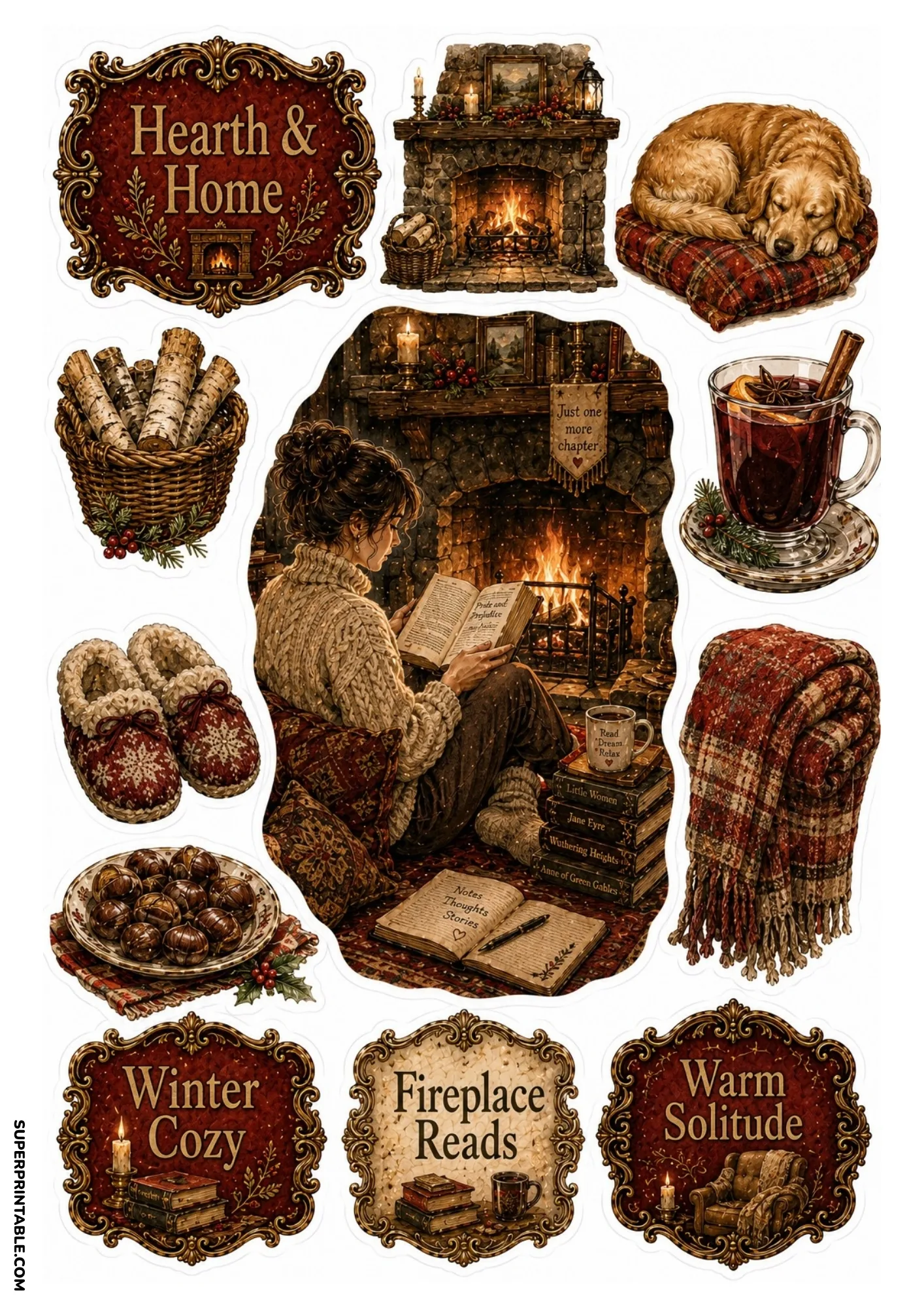 Woman reading by a crackling stone fireplace with a sleeping golden retriever, cozy blanket, and hot drinks.