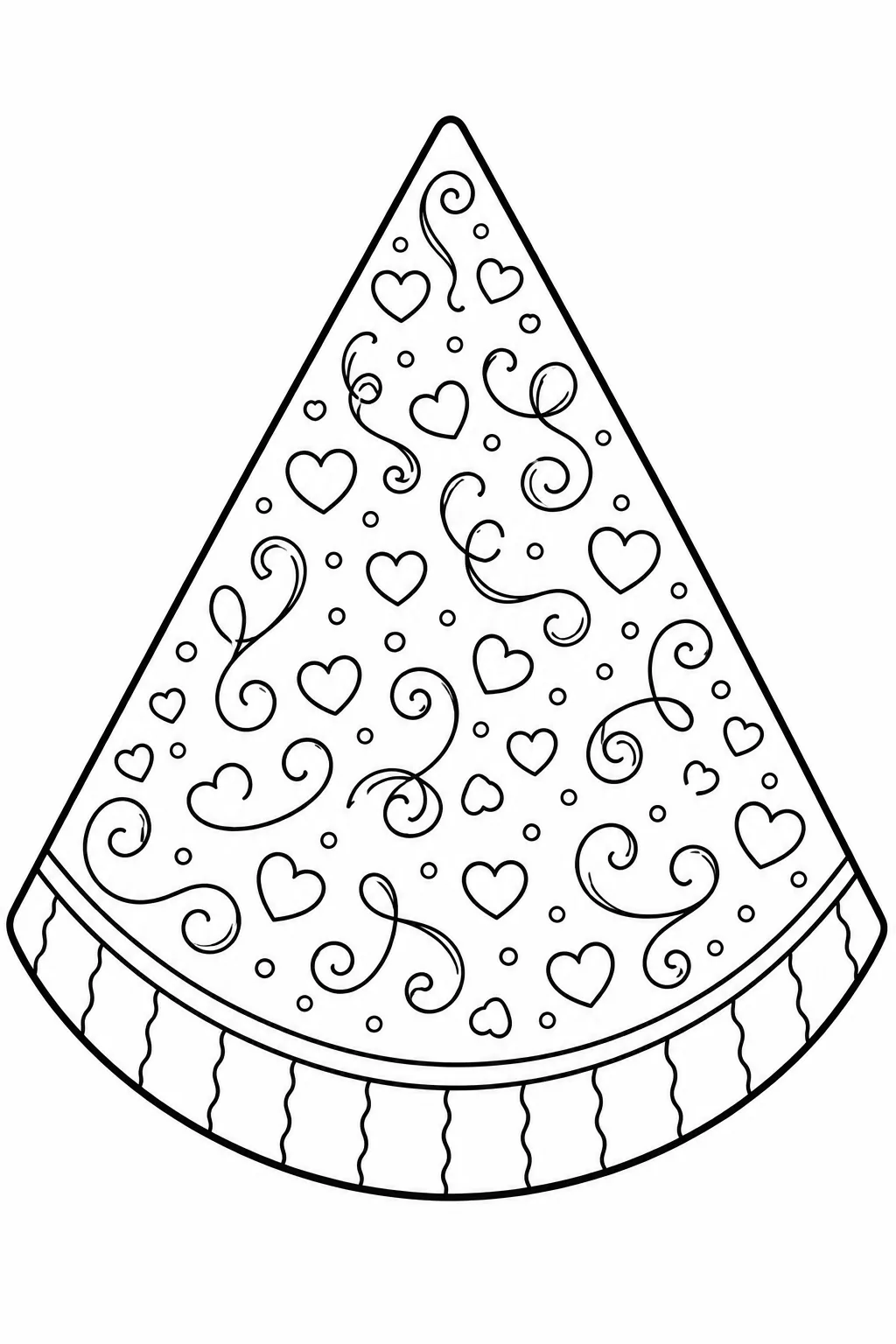 Floating heart shapes and curly ribbon swirls on a watermelon slice coloring printable.