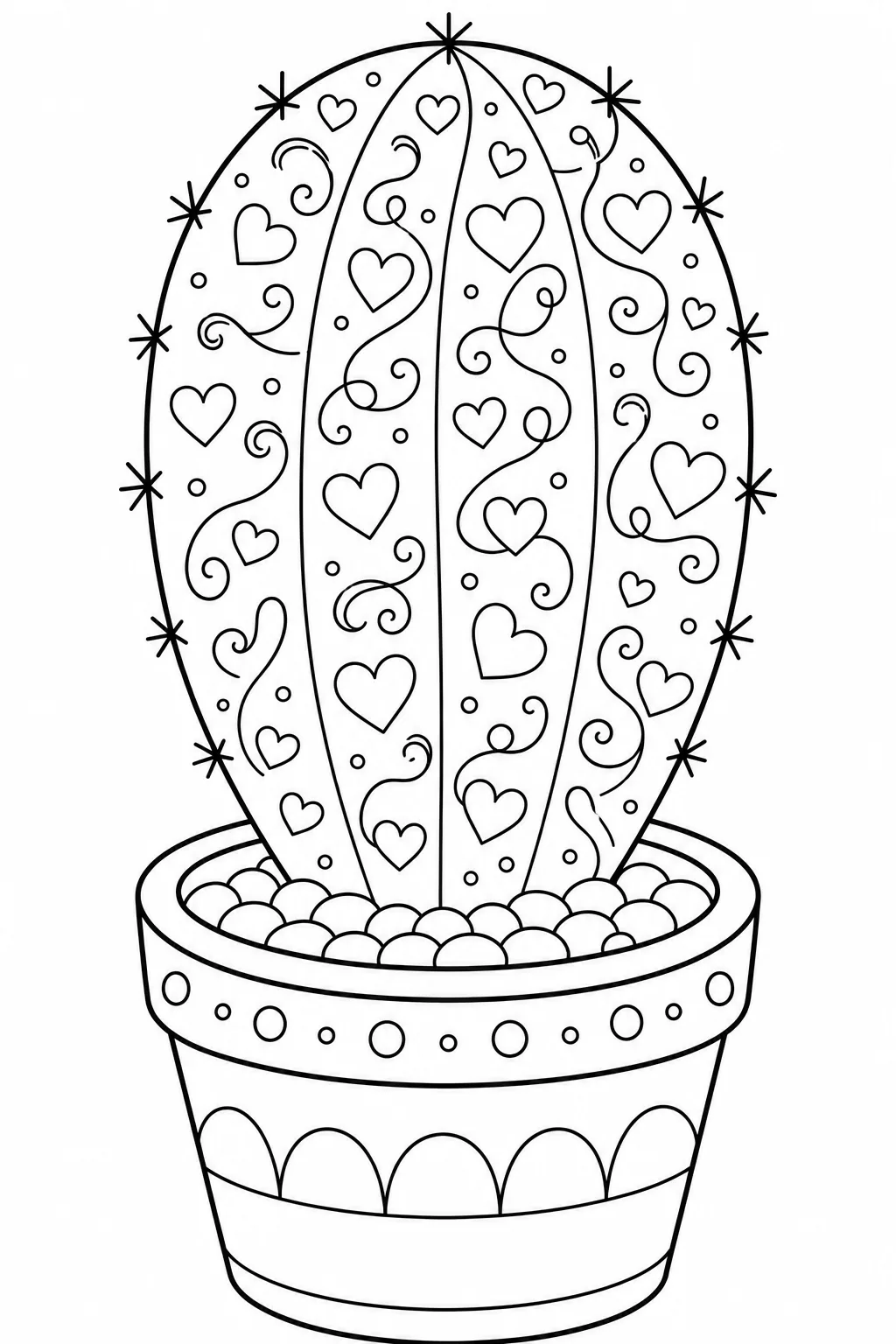 Whimsical pattern of hearts and curling swirl lines to color.