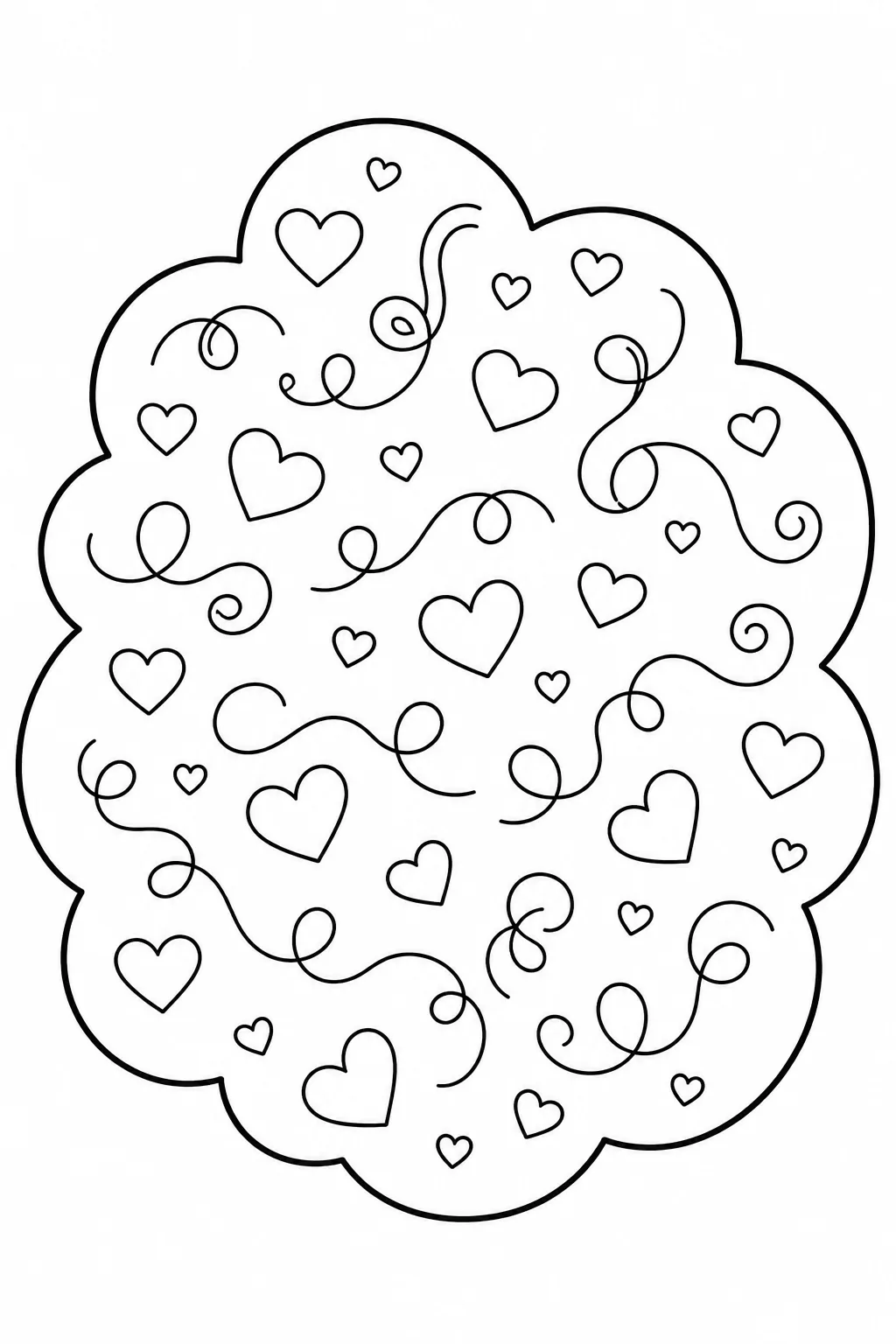 Cloud border containing scattered hearts of various sizes and swirl lines.