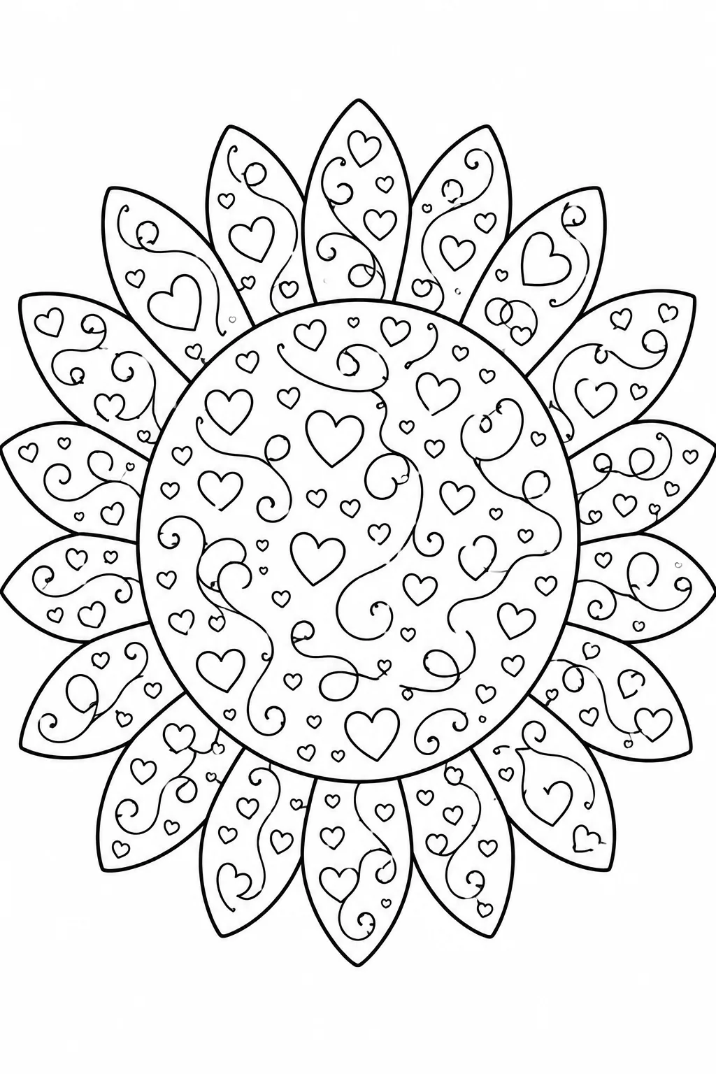 Intricate heart shapes and curly vine tendrils inside a large sunflower coloring page.