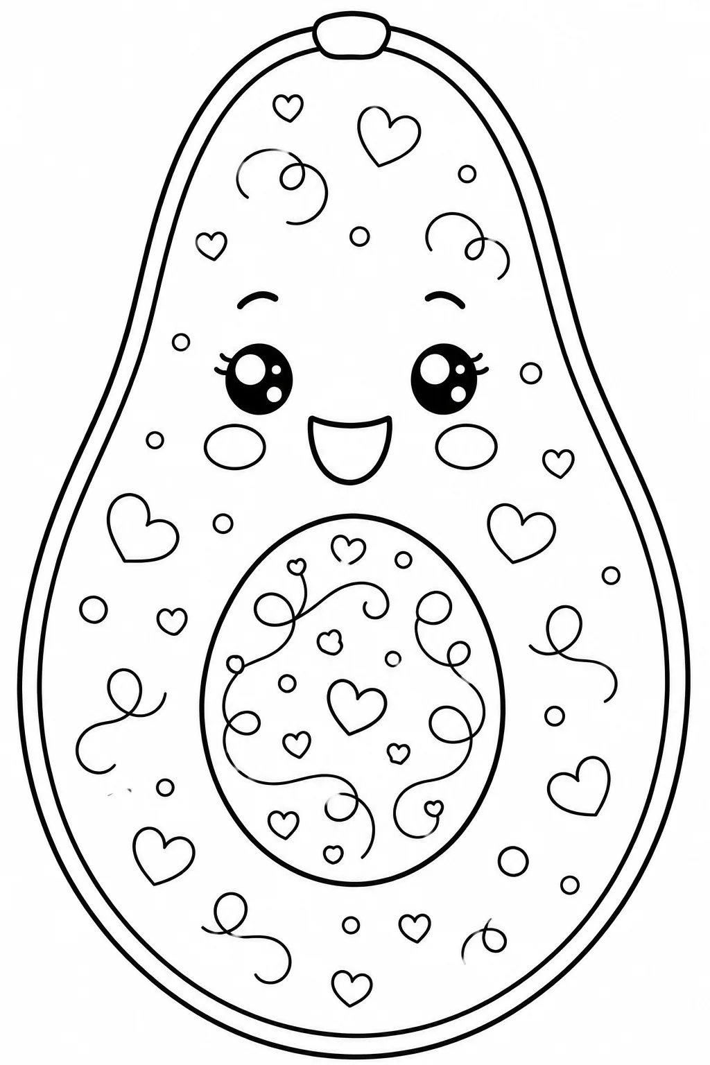 Happy avocado featuring a whimsical pattern of hearts and swirls.