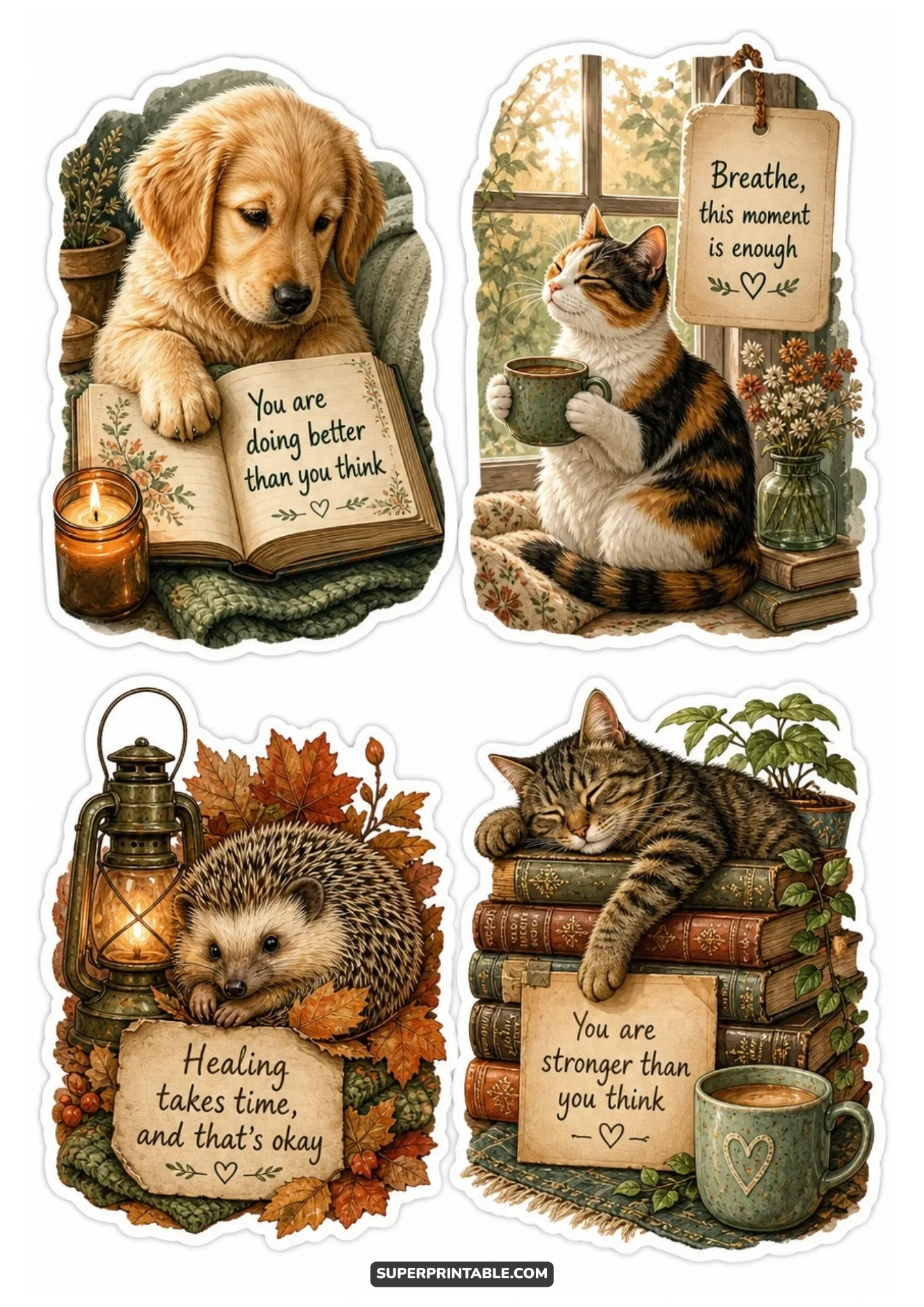 Calming animal illustrations with quotes about breathing.