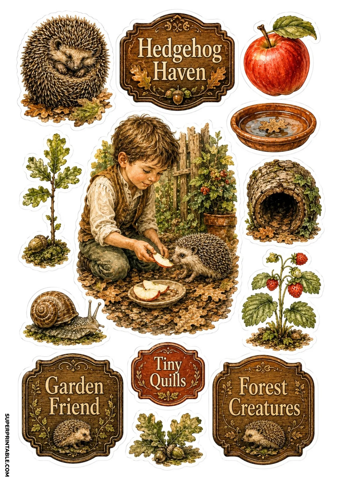 Garden hedgehog stickers featuring a boy interacting with a hedgehog, wooden shelter, snail, and strawberries.