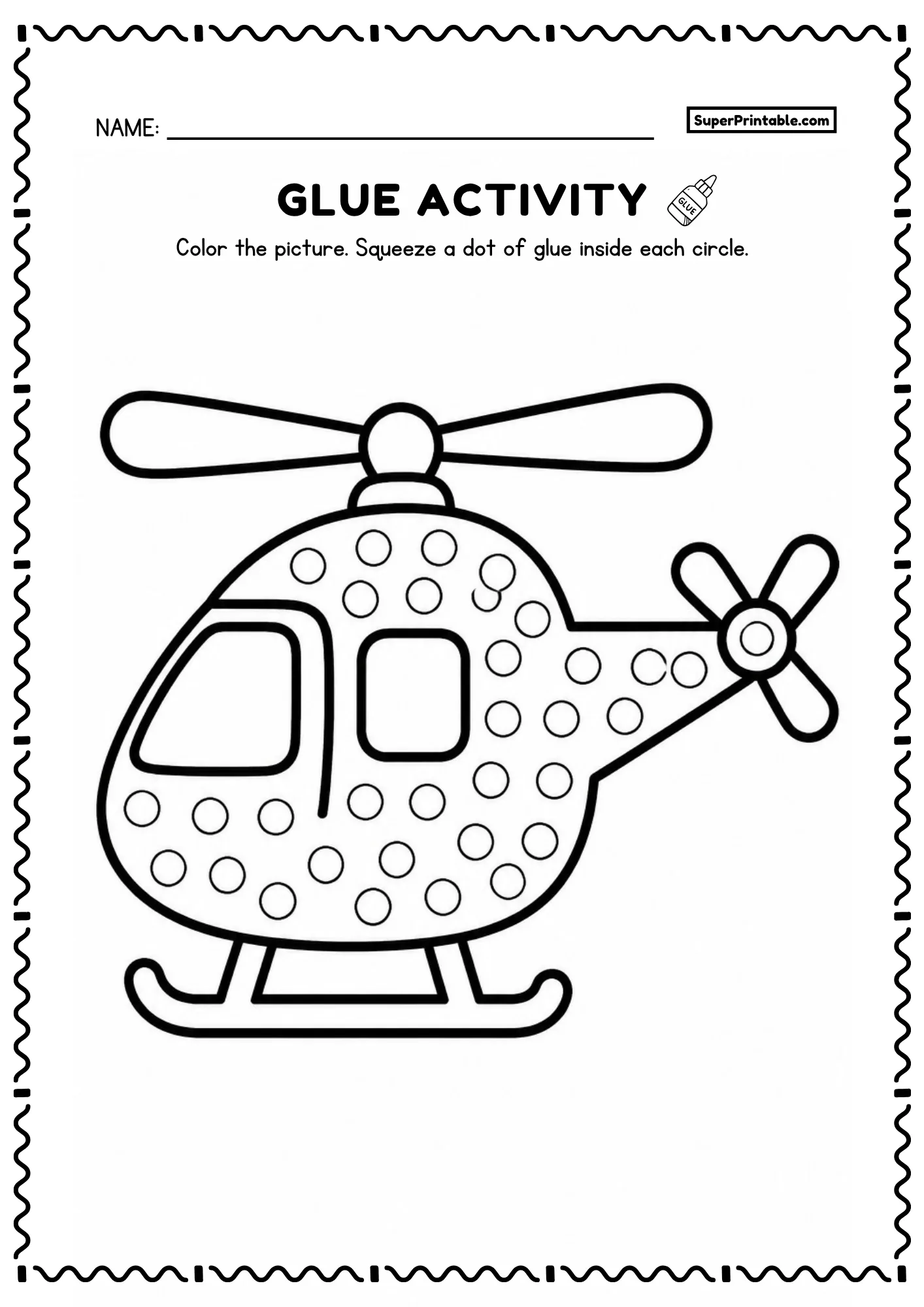 Helicopter glue activity coloring sheet with circles covering the cabin and tail