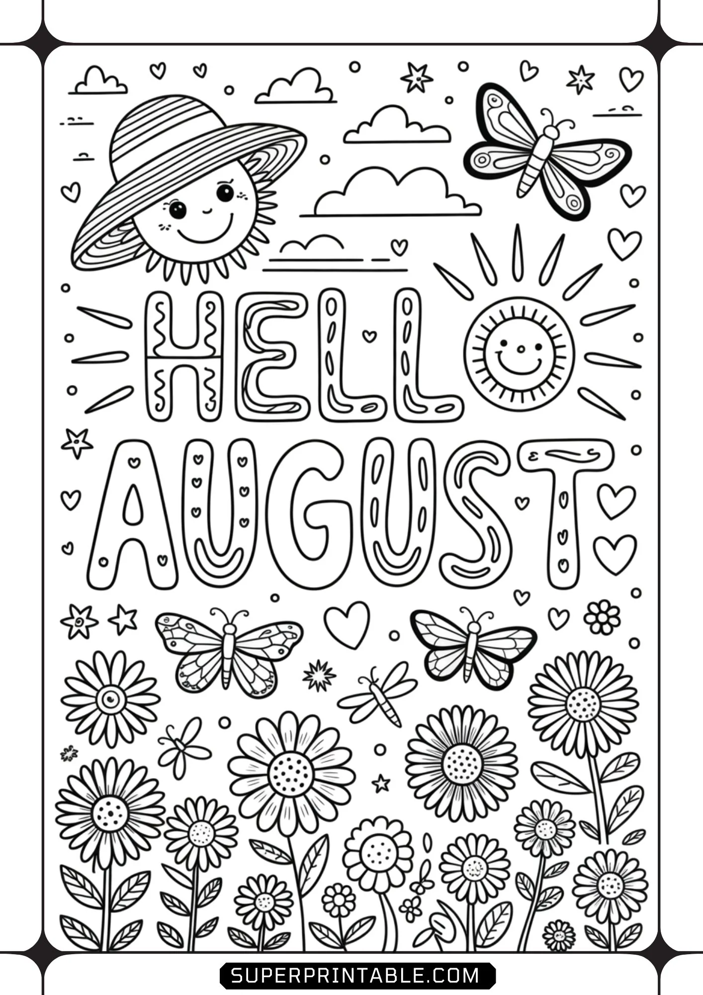 A Hello August coloring page with decorative letters, a sun wearing a straw hat, and field flowers.
