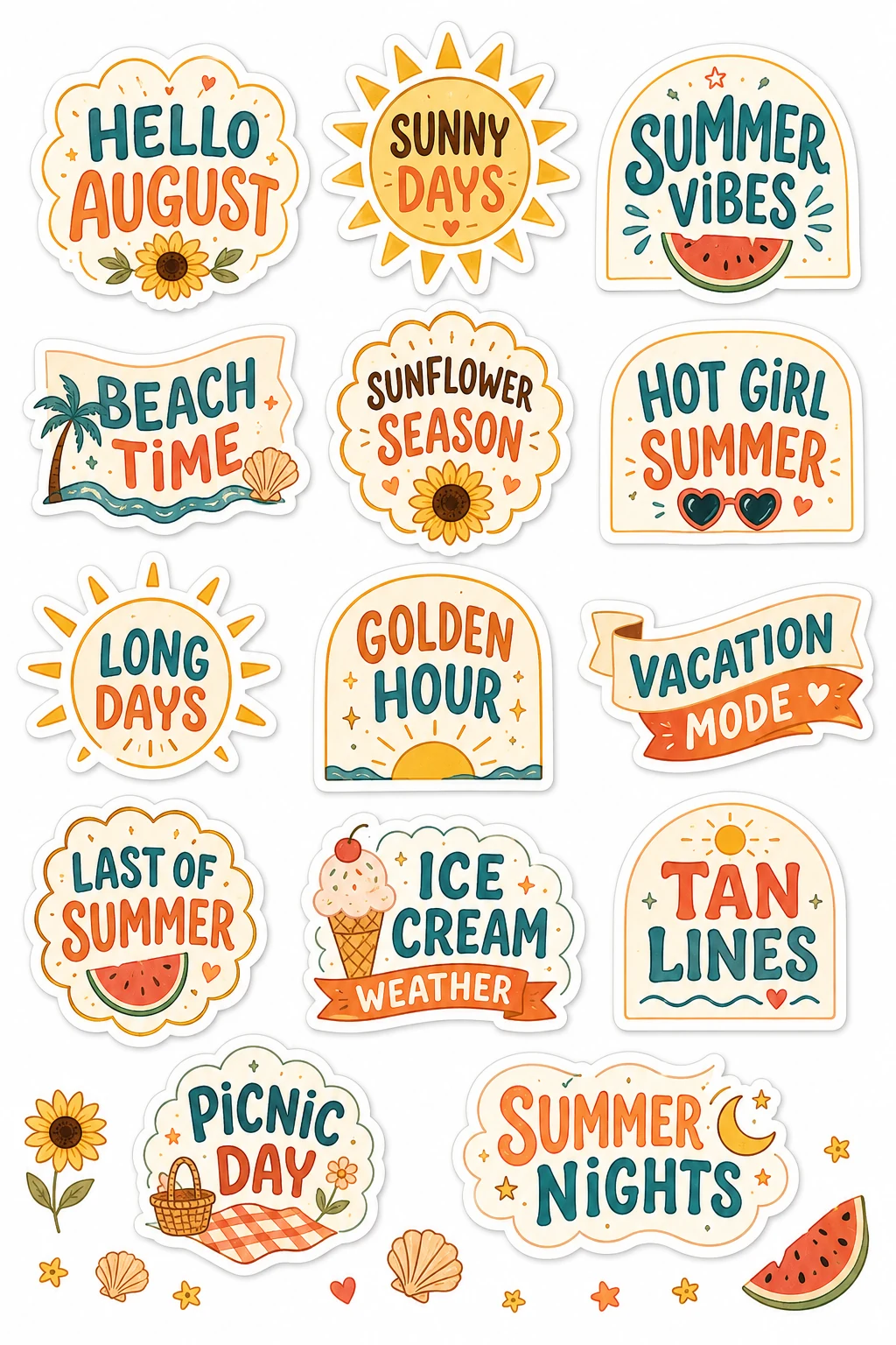 Hello August Sunny Days Summer Stickers featuring daily motivation, praise badges, daily affirmations, and school rewards.