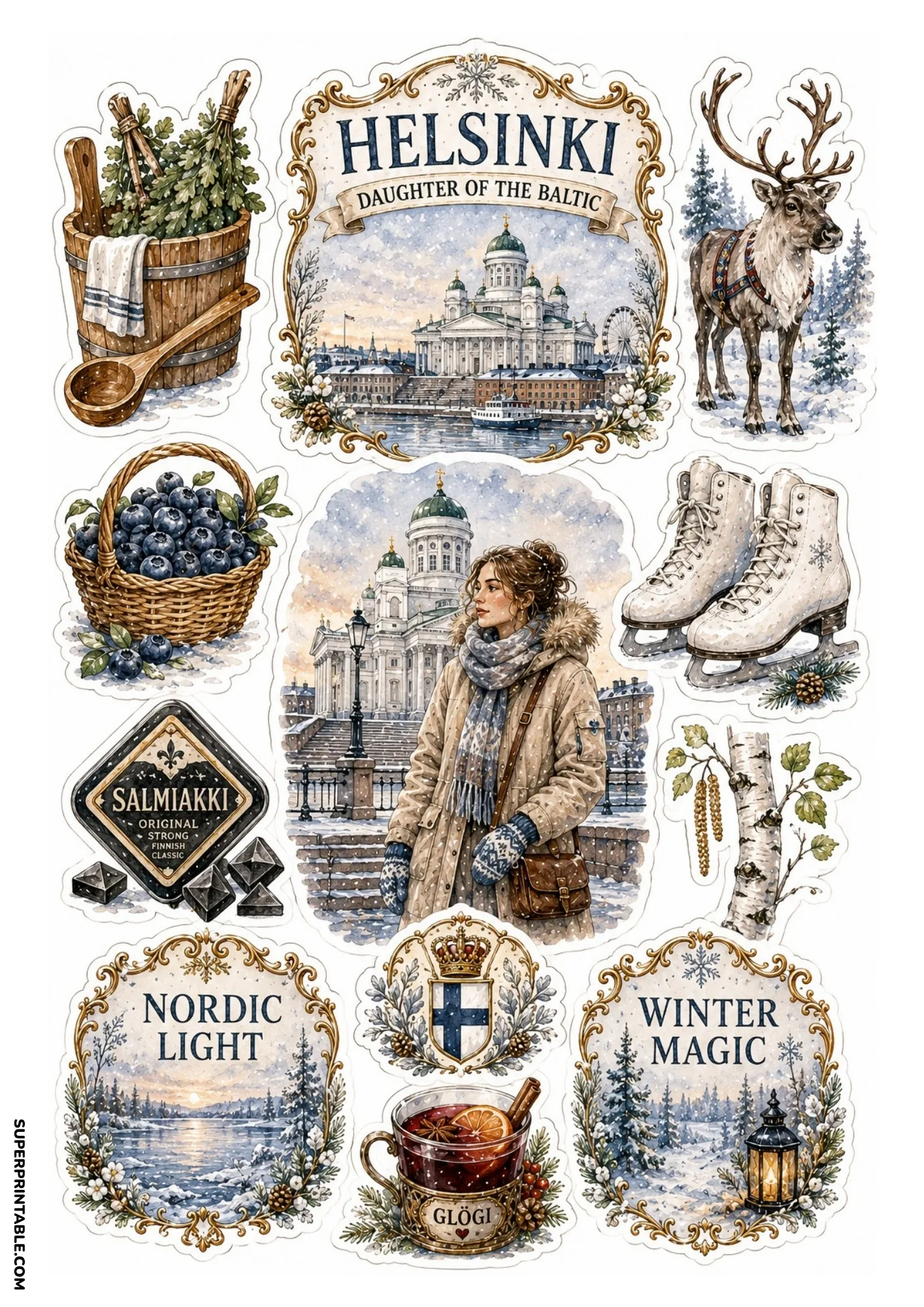 Helsinki city sticker sheet showing Helsinki Cathedral and northern lights