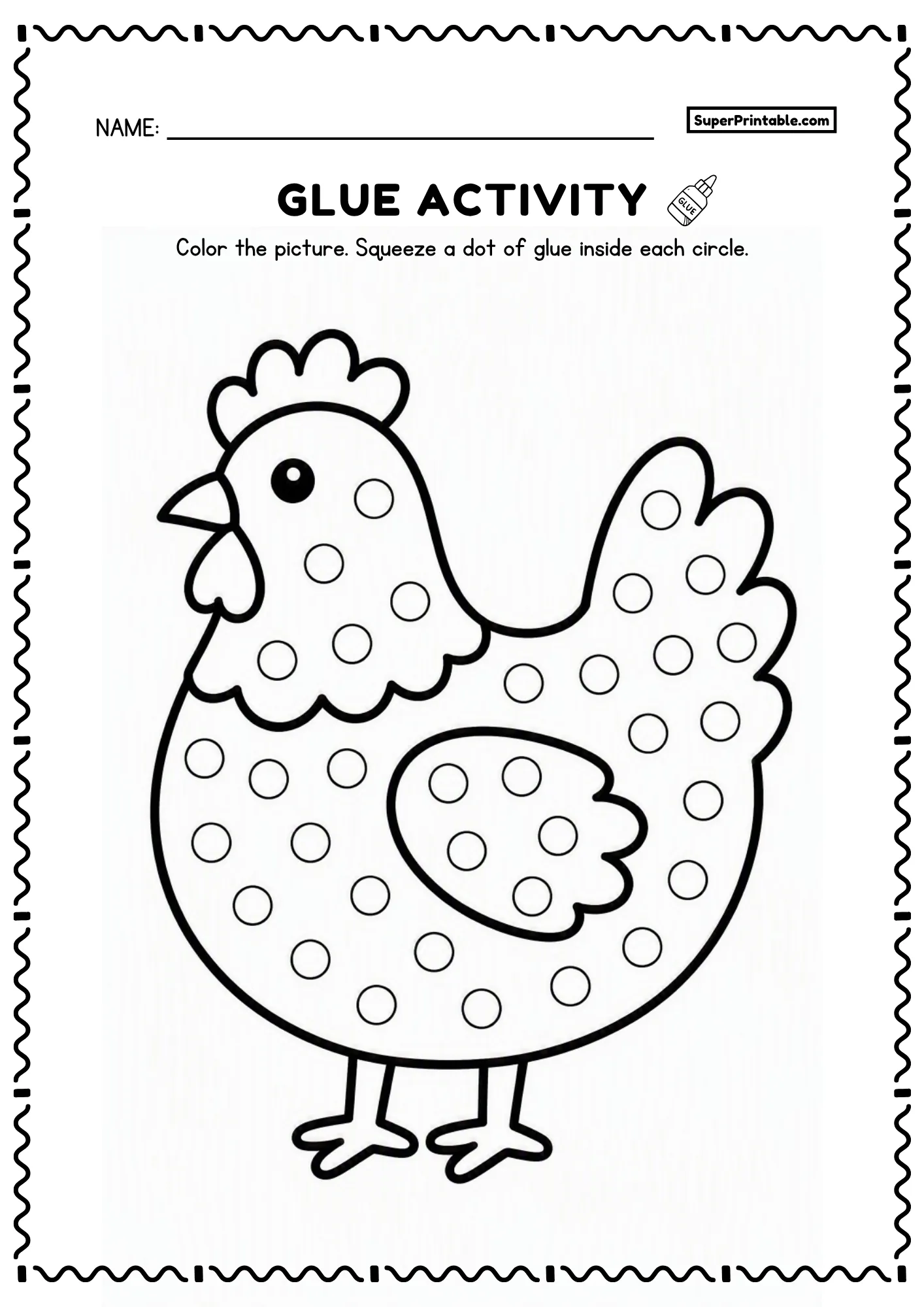 Dot glue farm worksheet featuring cute hen with fluffy body and dot circles for preschoolers