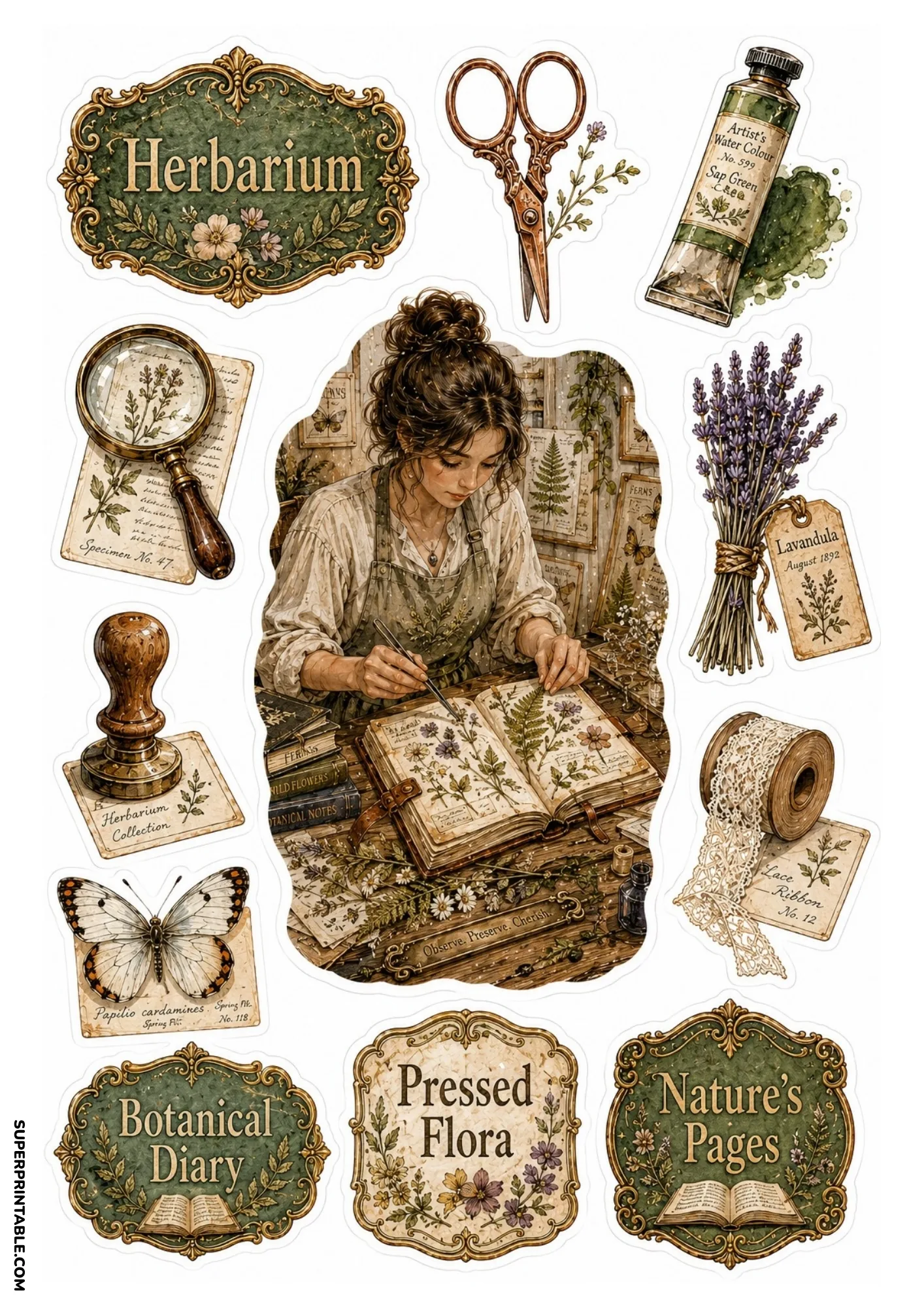 Woman pressing dried flowers into a botanical album with vintage magnifying glass, scissors, and lavender.