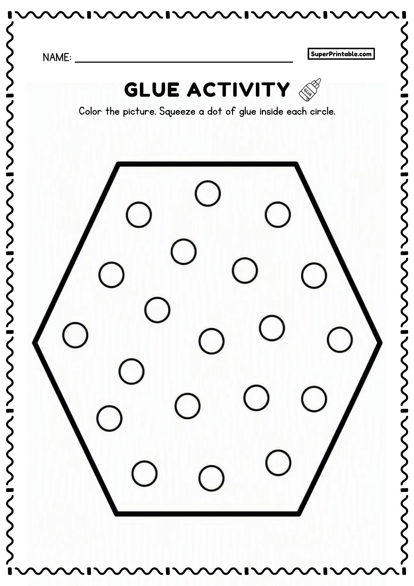 Six-sided hexagon with circles inside for a preschool fine motor glue activity