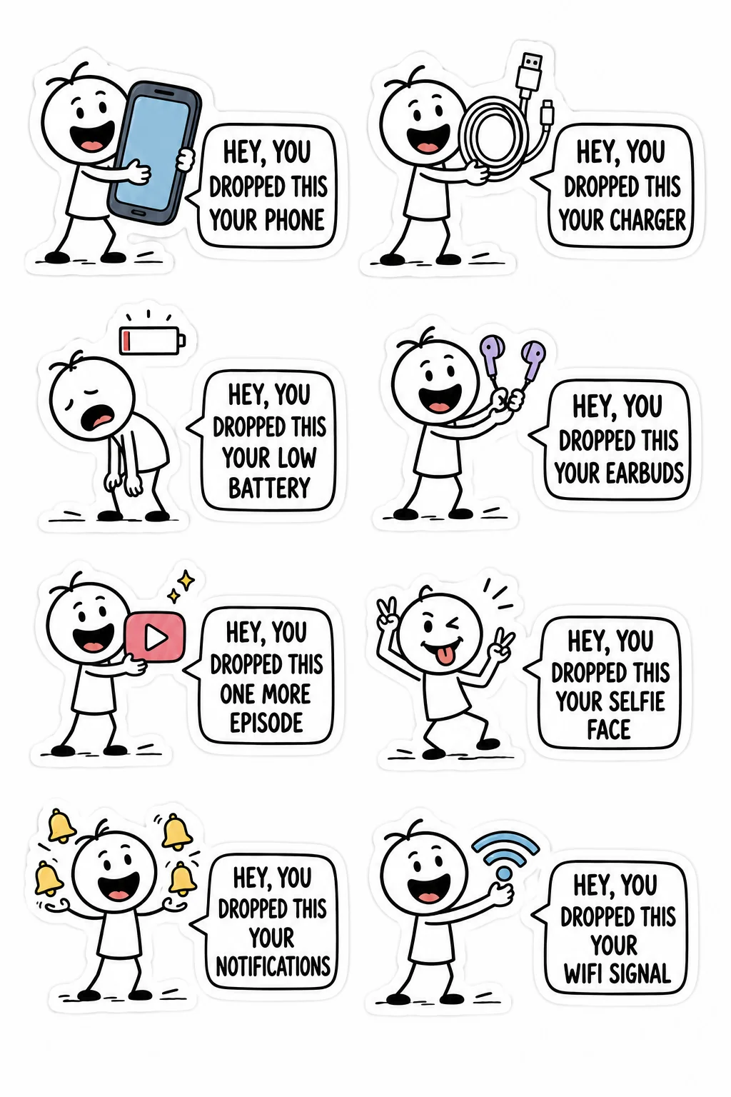 Printable Hey You Dropped This sticker sheet with eight stick-figure stickers about phone habits