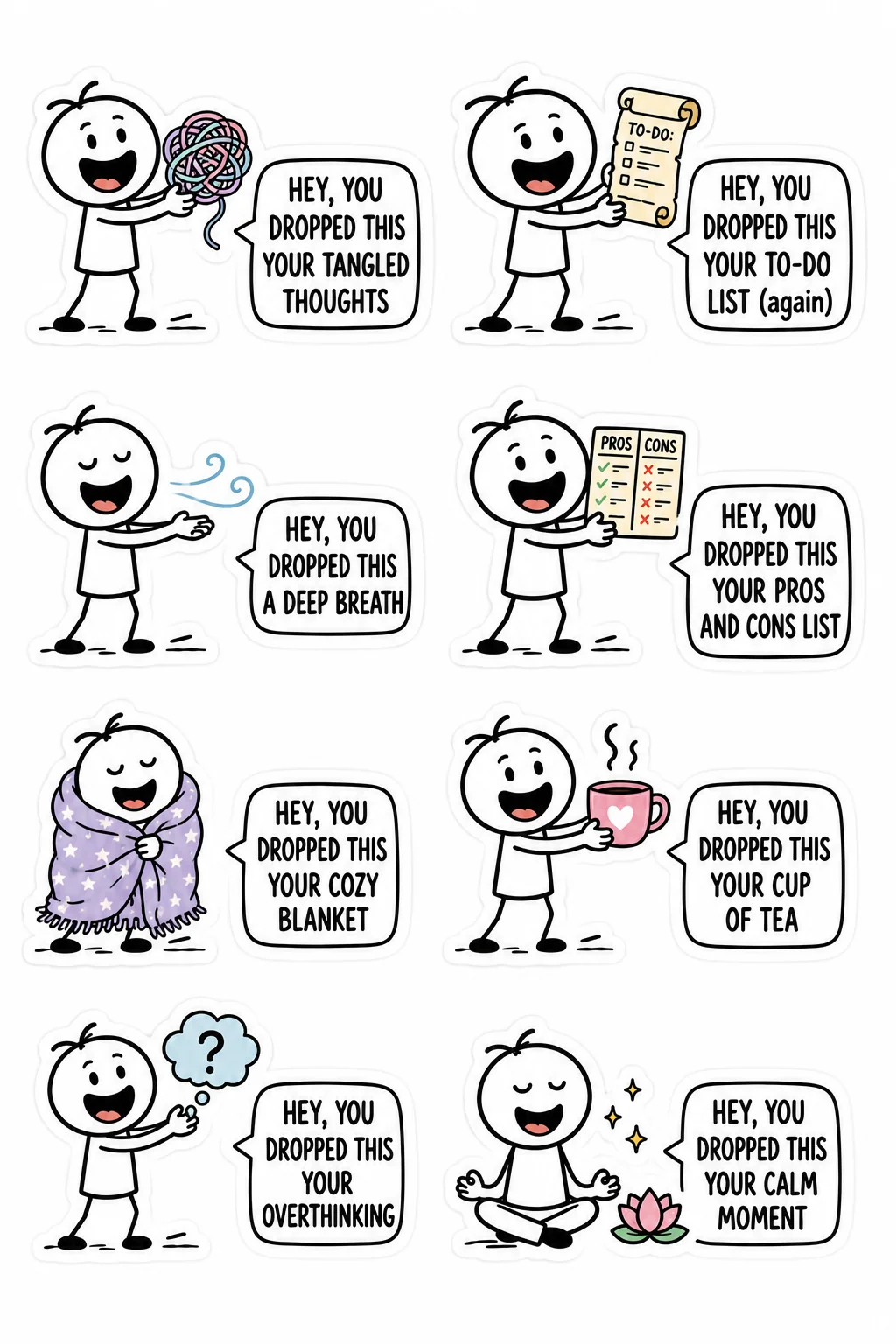Printable Hey You Dropped This sticker sheet with eight stick-figure stickers about overthinking