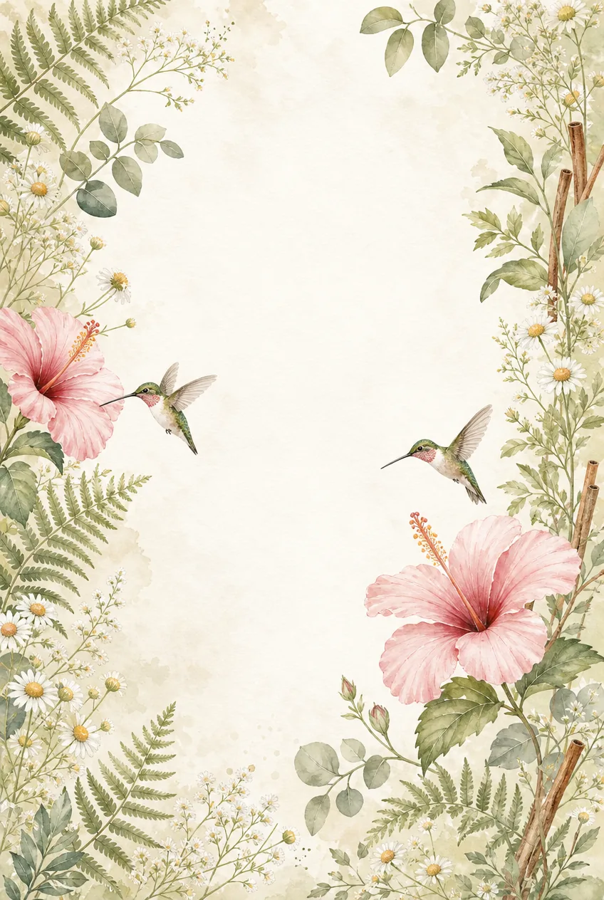 Botanical watercolor border with two hummingbirds, pink hibiscus flowers, ferns, daisies, and greenery