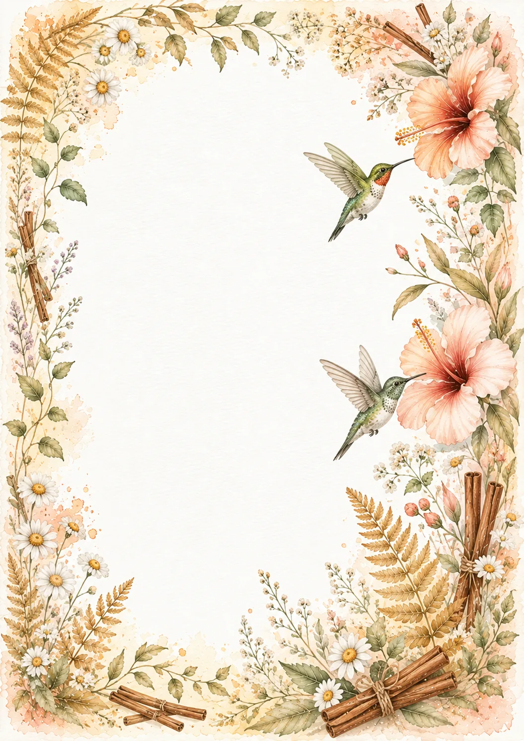 Watercolor hibiscus border with two hummingbirds, cinnamon sticks, daisies, and soft foliage