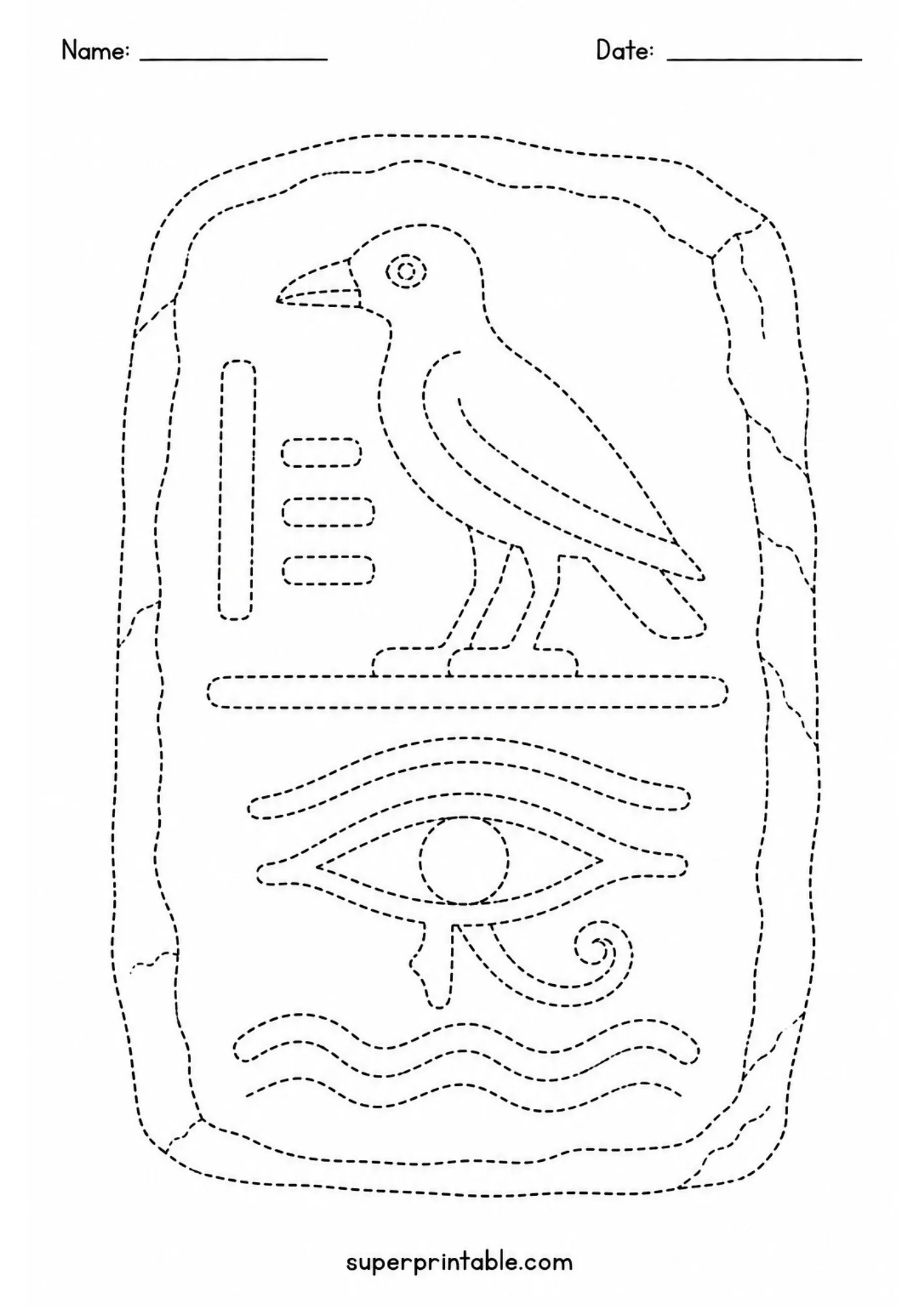 Dotted line art of an ancient stone tablet carved with an Eye of Horus and bird hieroglyph.