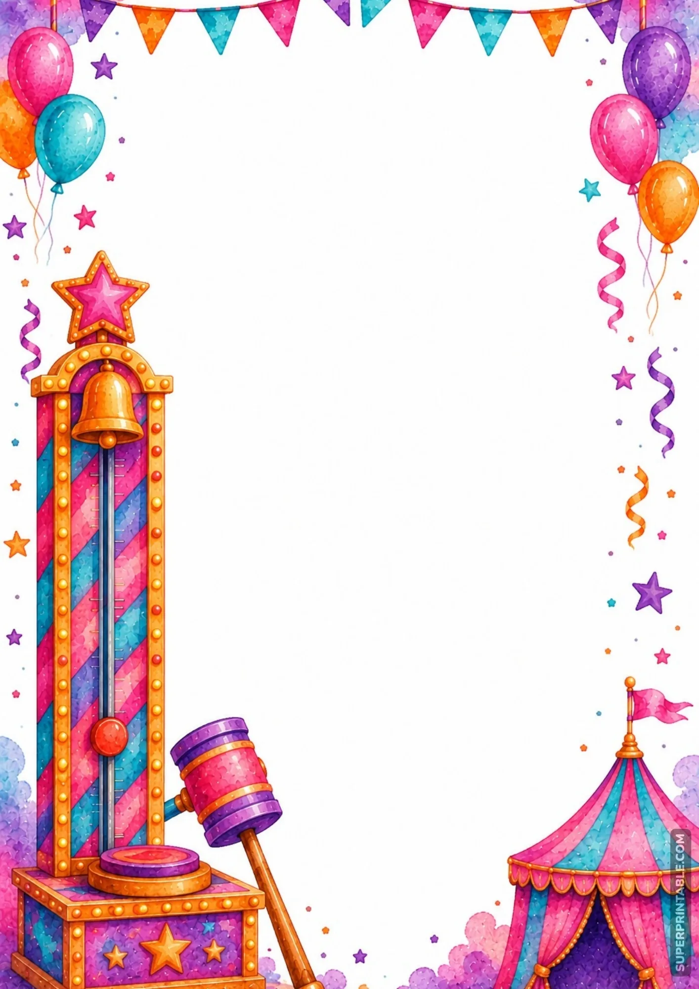 Watercolor carnival page frame featuring a tall high striker bell game tower and mallet.