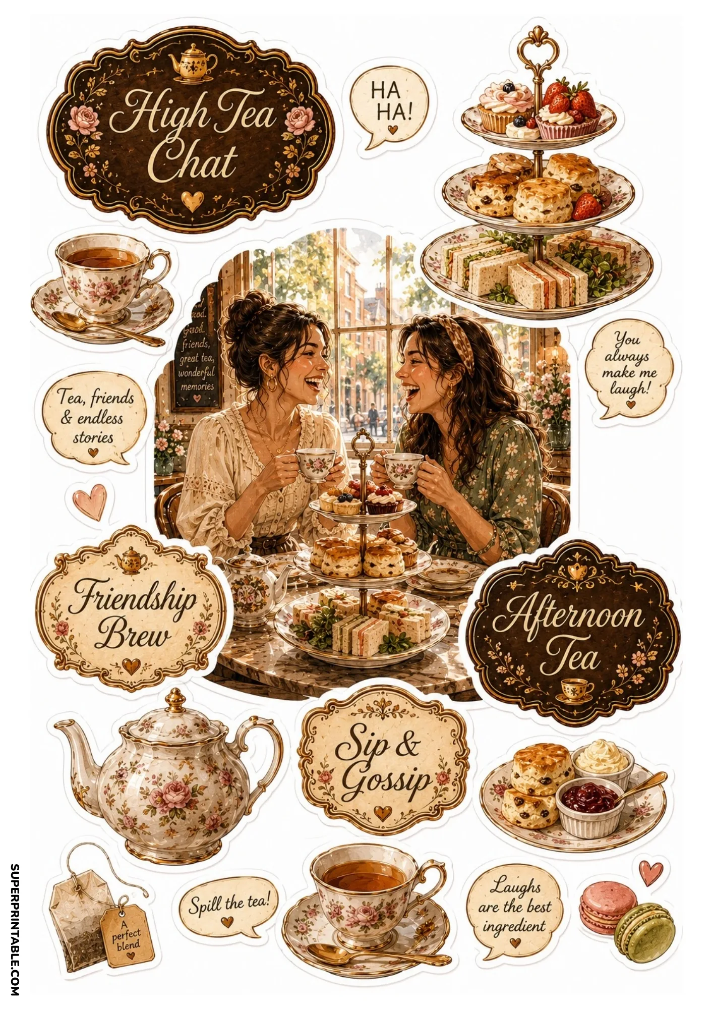 Afternoon high tea stickers showing friends laughing over tiered pastry stand and floral teapot.