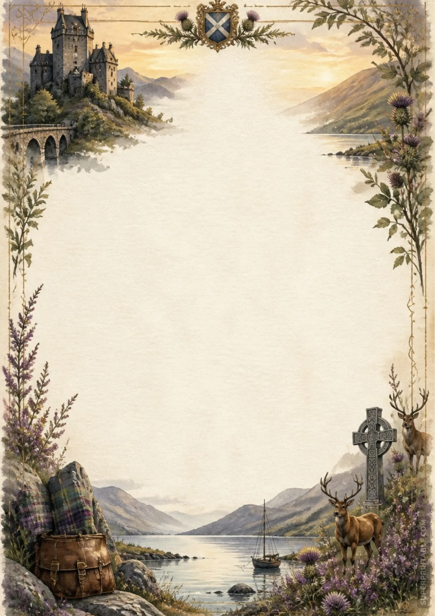 Highland castle watercolor stationery page with stone Celtic cross, stags, and misty loch views