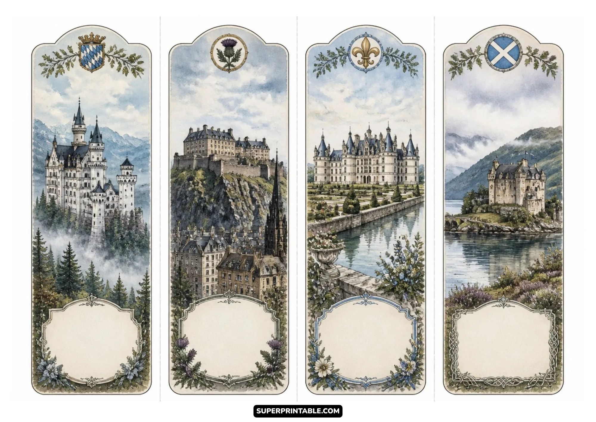 Printable world bookmarks watercolor printable set featuring historic European castles and royal fortresses.