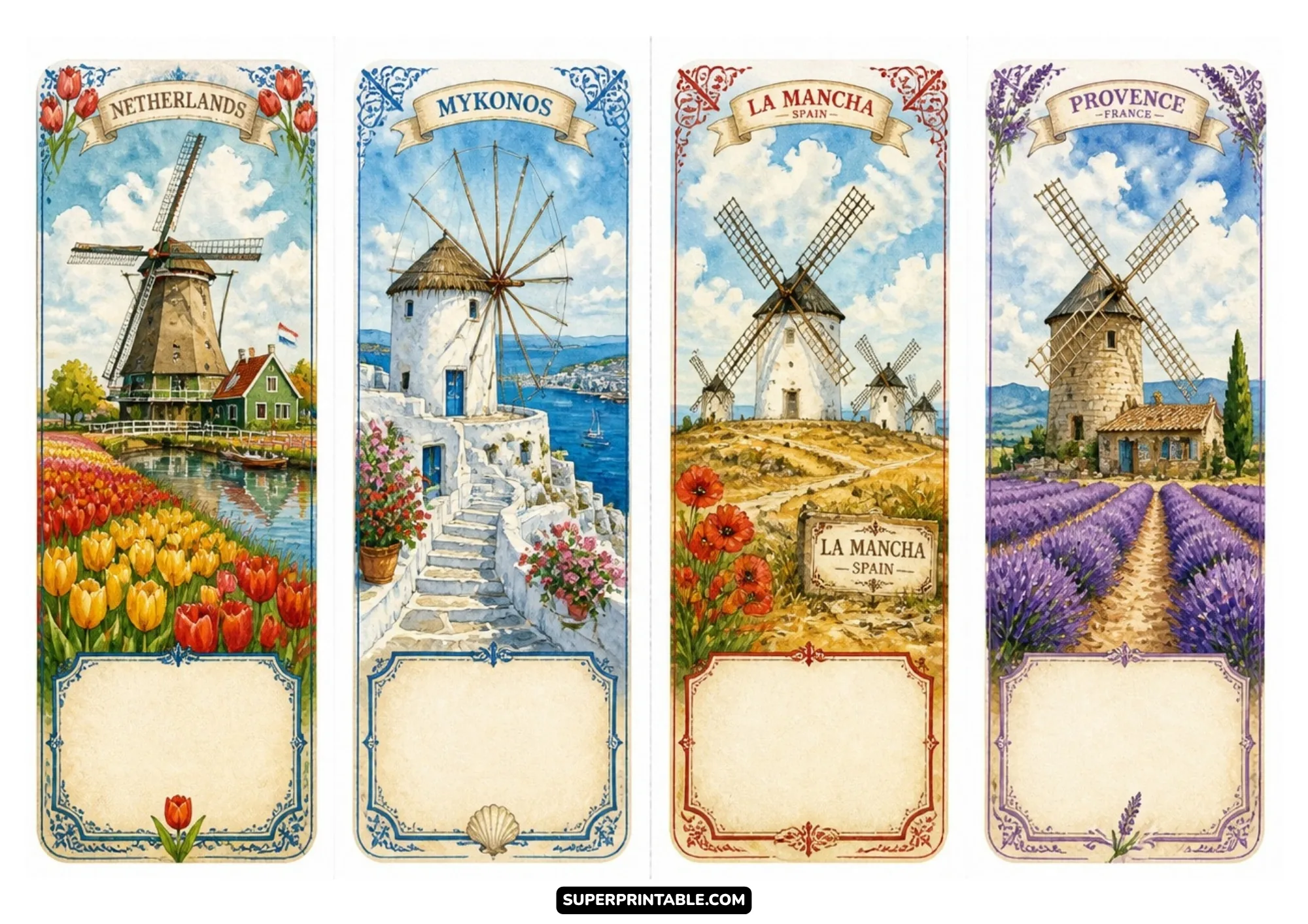 Printable watercolor bookmarks showing traditional windmills in Netherlands, Greece, Spain, and French lavender fields.