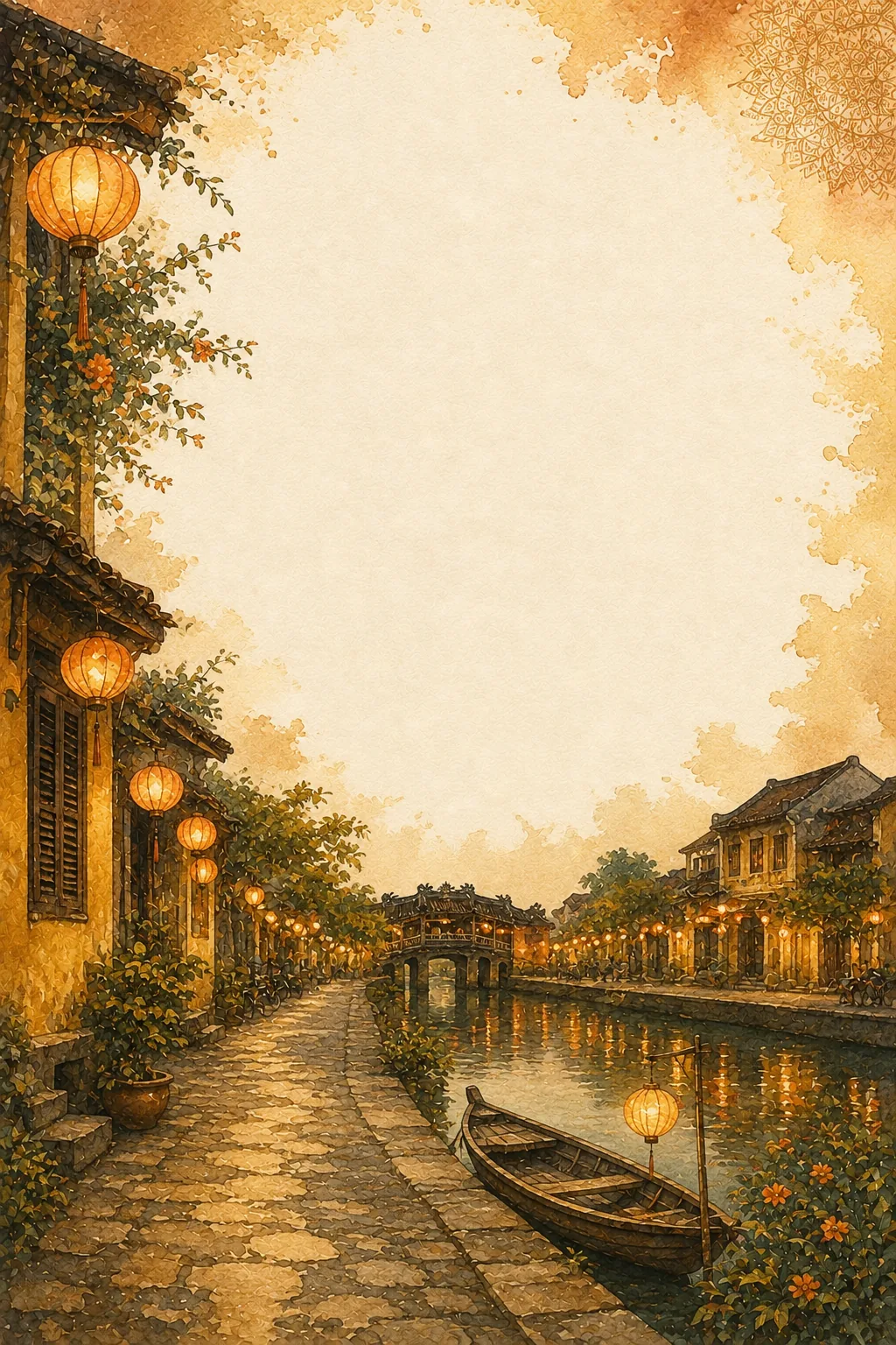 Warm golden watercolor vietnam border page stationary featuring Hoi An street lanterns and a river canal.