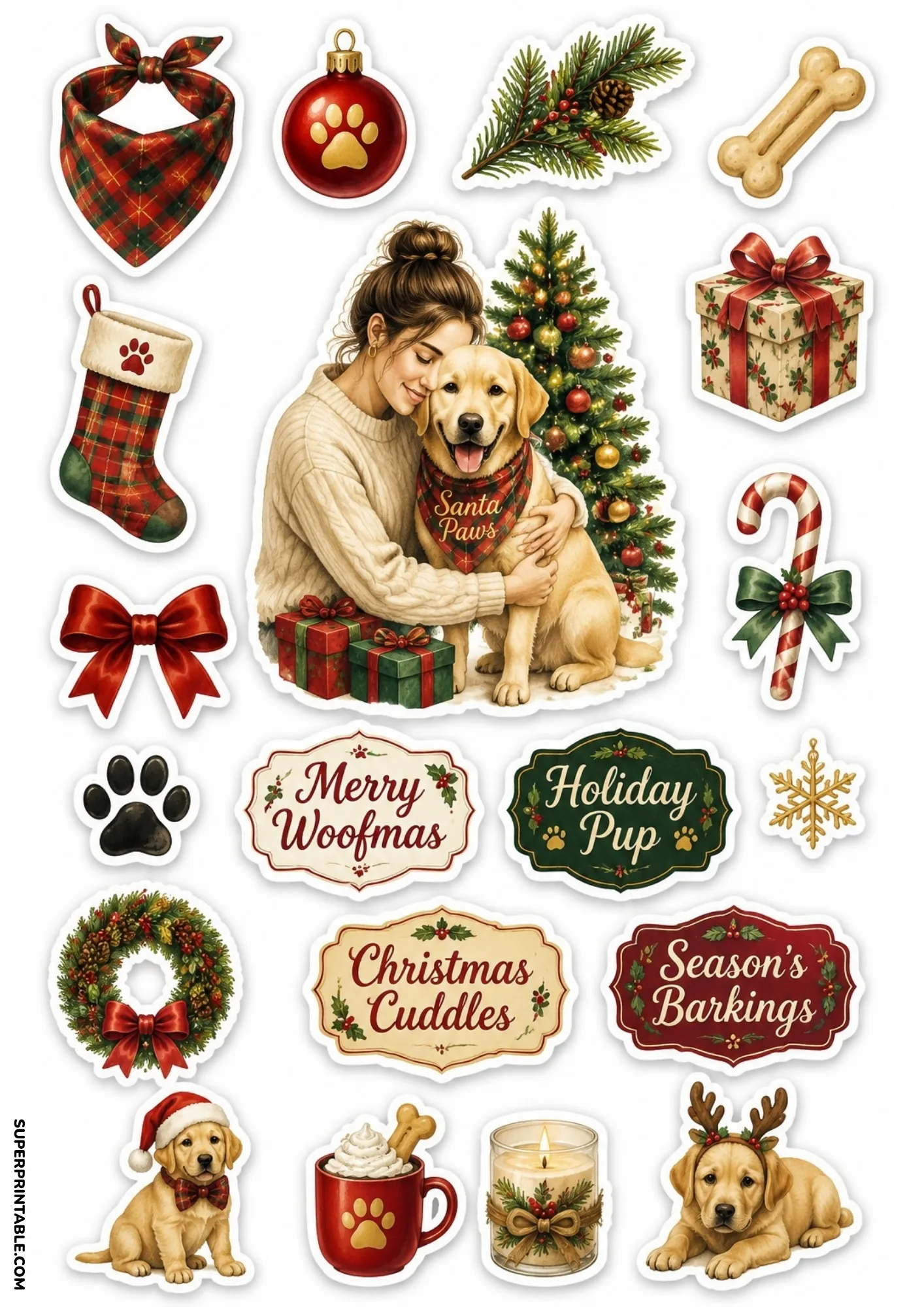 Festive holiday stickers of a dog wearing a bandana by a Christmas tree with presents and cocoa.