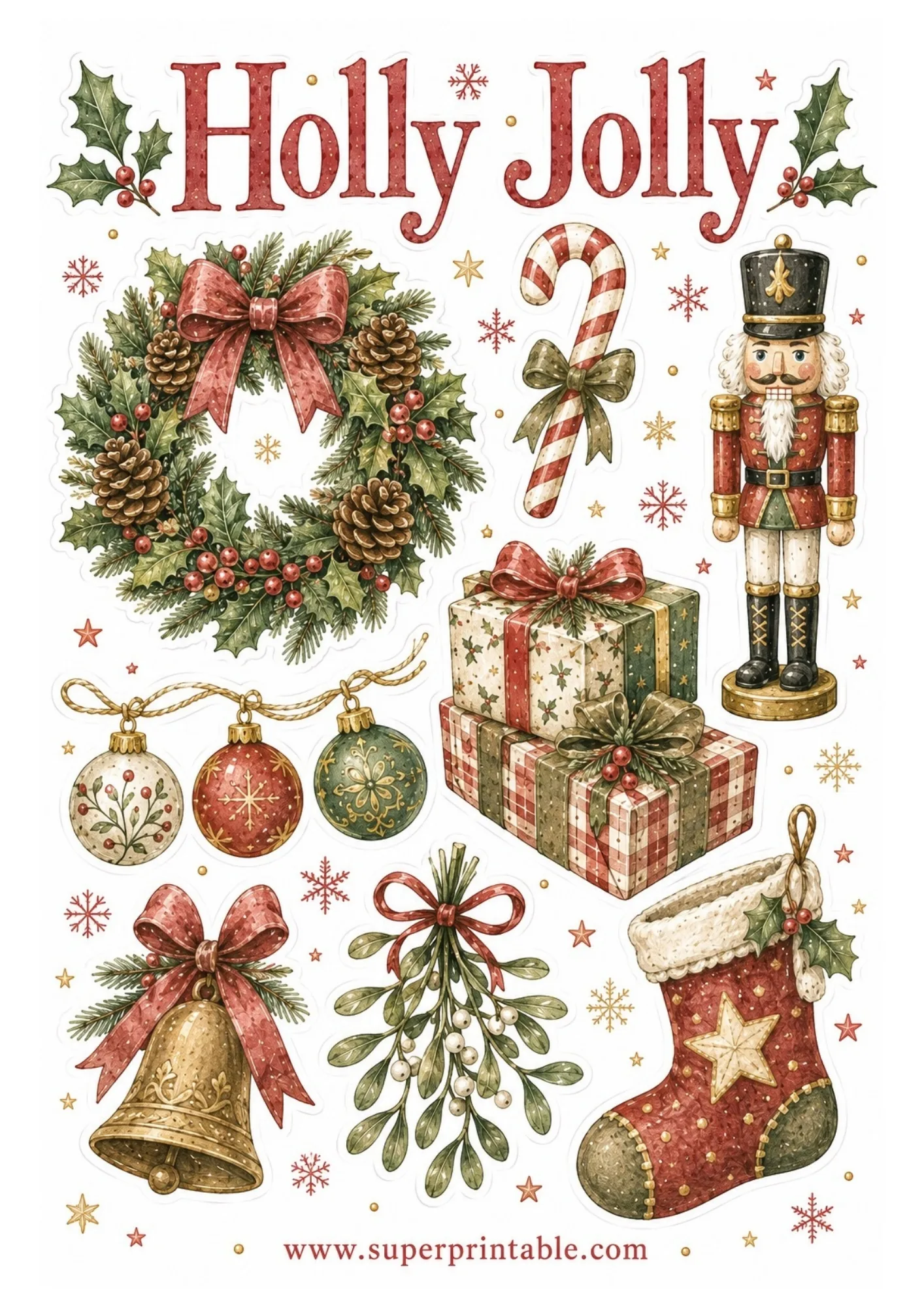 Printable traditional Christmas sticker sheet showing watercolor wreath, candy cane, nutcracker soldier, ornaments, wrapped gifts, Christmas bell, mistletoe, and stocking.