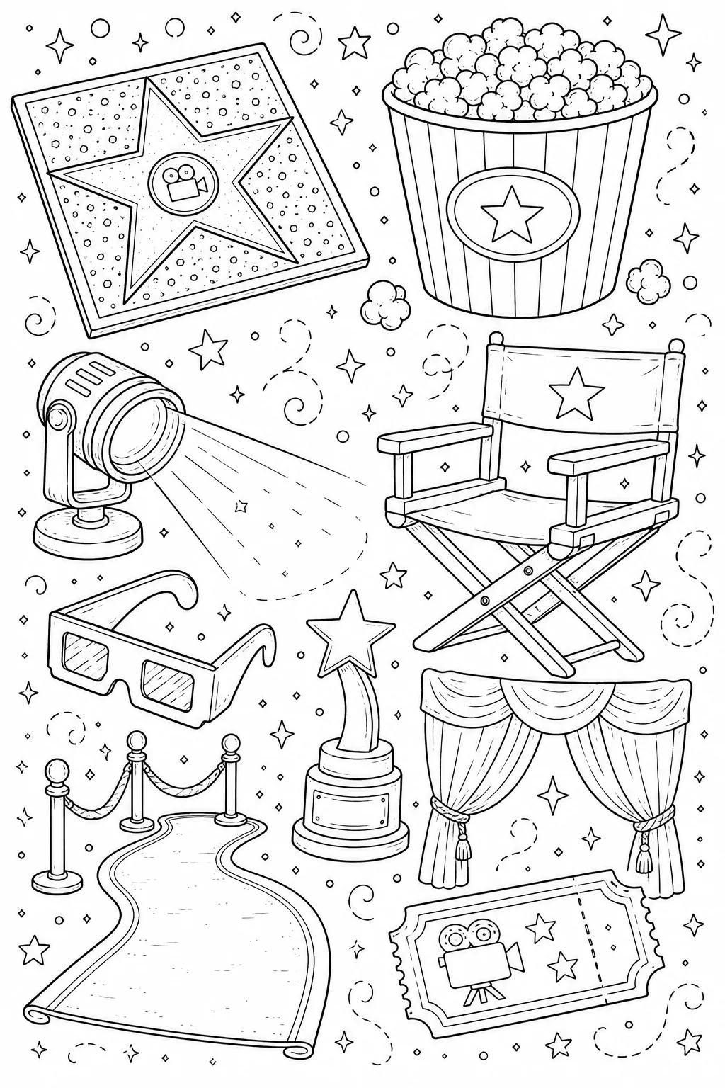 Printable Hollywood Cinema walk of fame star and director chair doodle coloring page sheet