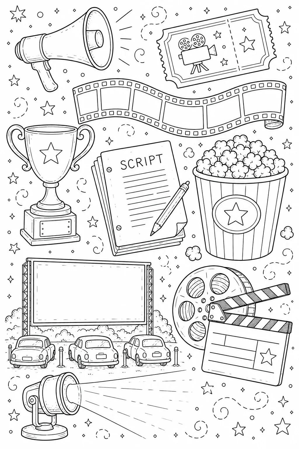 Printable Hollywood Cinema vintage movie megaphone and film script doodle coloring page sheet