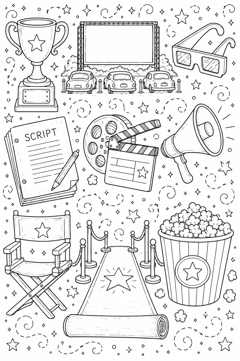 Printable Hollywood Cinema movie theater screen and golden award trophy doodle coloring page sheet