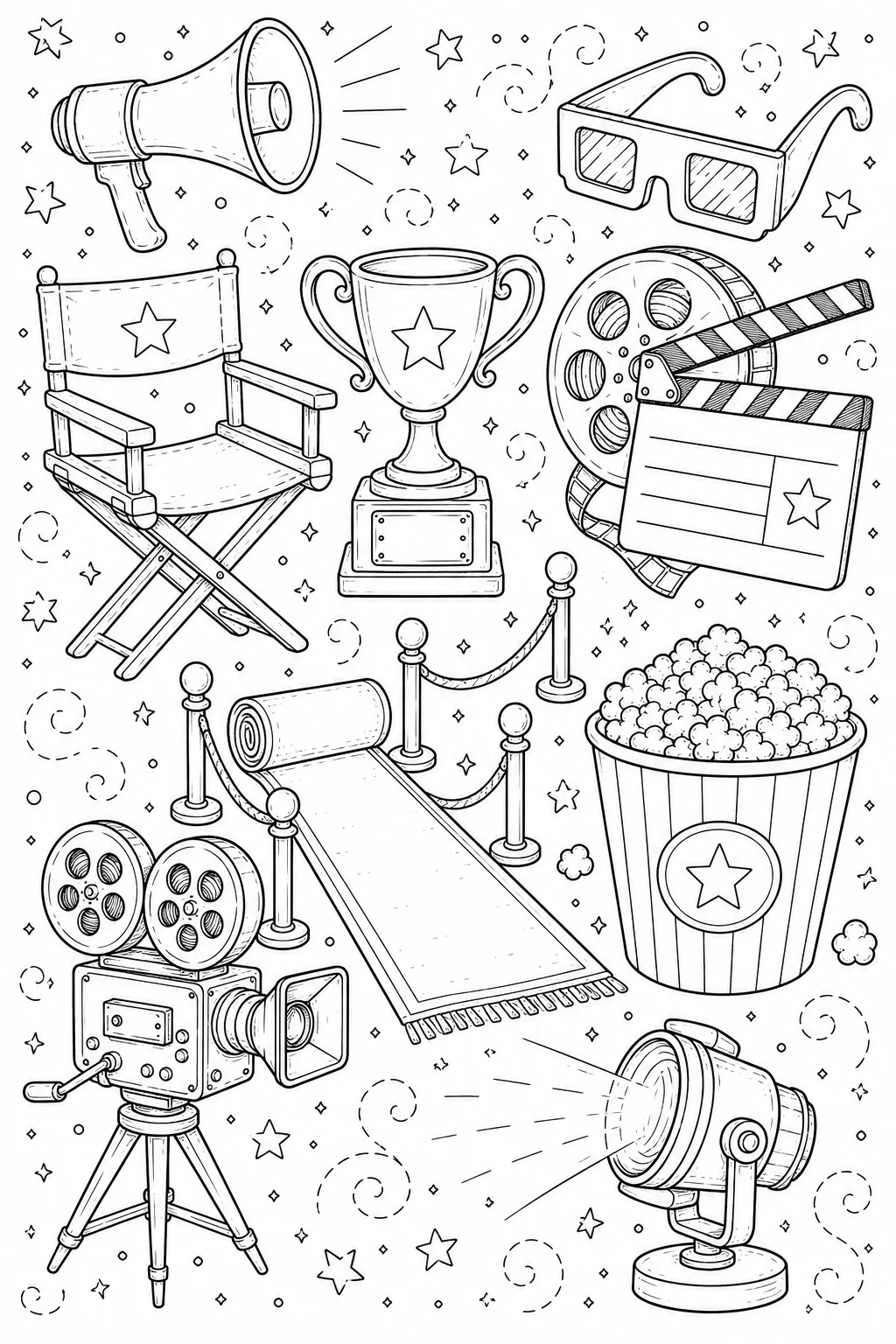 Printable Hollywood Cinema red carpet entrance and spotlight doodle coloring page sheet