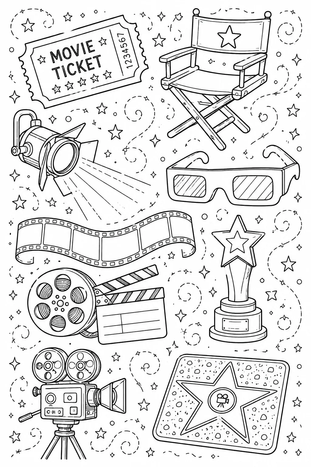 Printable Hollywood Cinema movie tickets and retro film reel doodle coloring page sheet