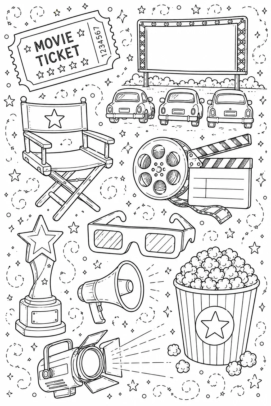 Printable Hollywood Cinema drive-in movie screen and 3d glasses doodle coloring page sheet