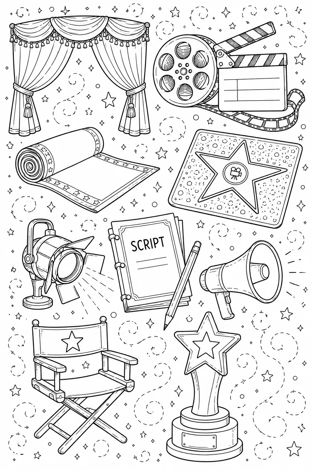 Printable Hollywood Cinema hollywood stage curtains and clapperboard doodle coloring page sheet