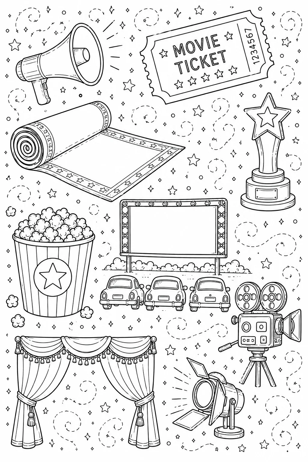Printable Hollywood Cinema vintage film projector and movie popcorn doodle coloring page sheet