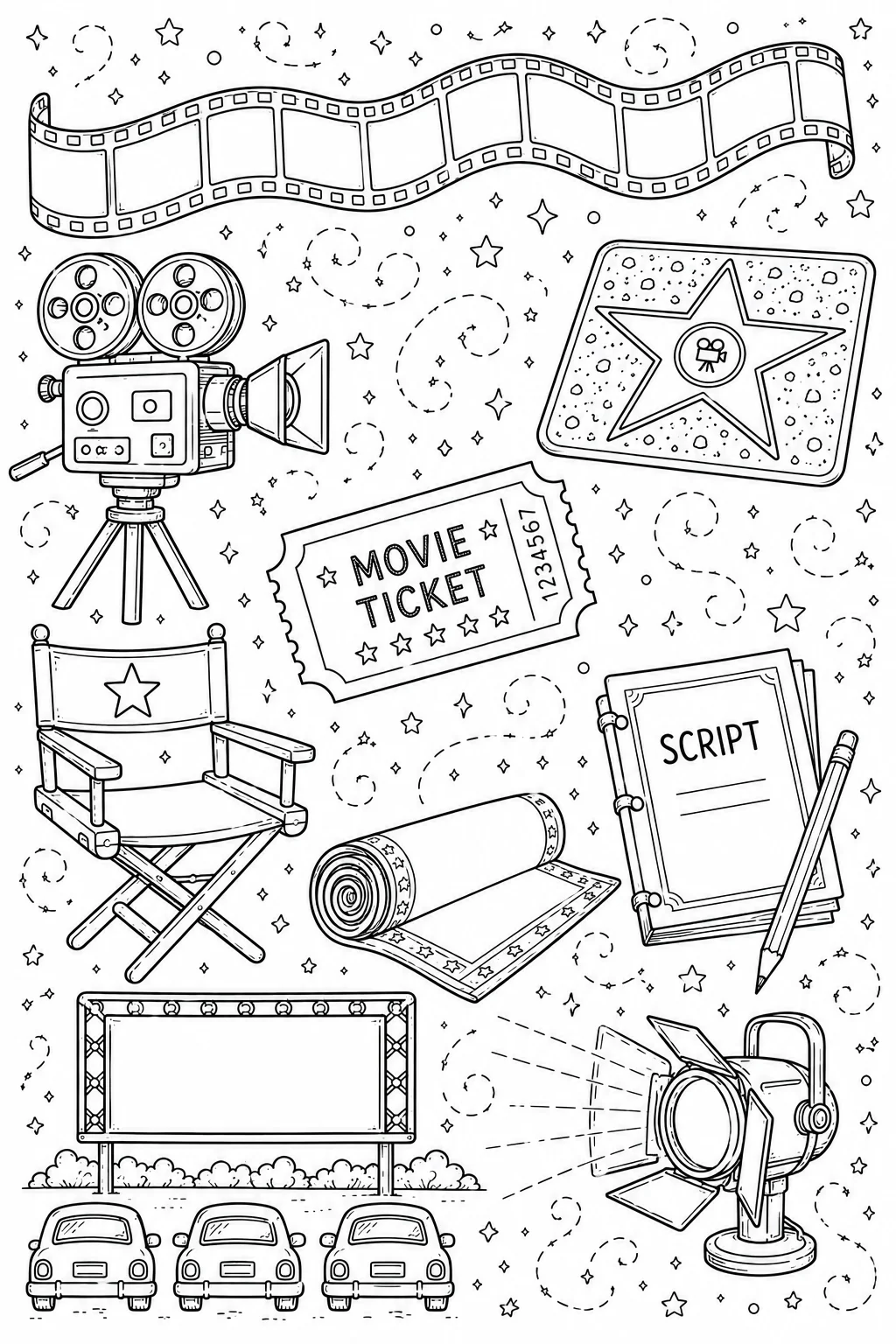 Printable Hollywood Cinema classic film strip and director chair doodle coloring page sheet