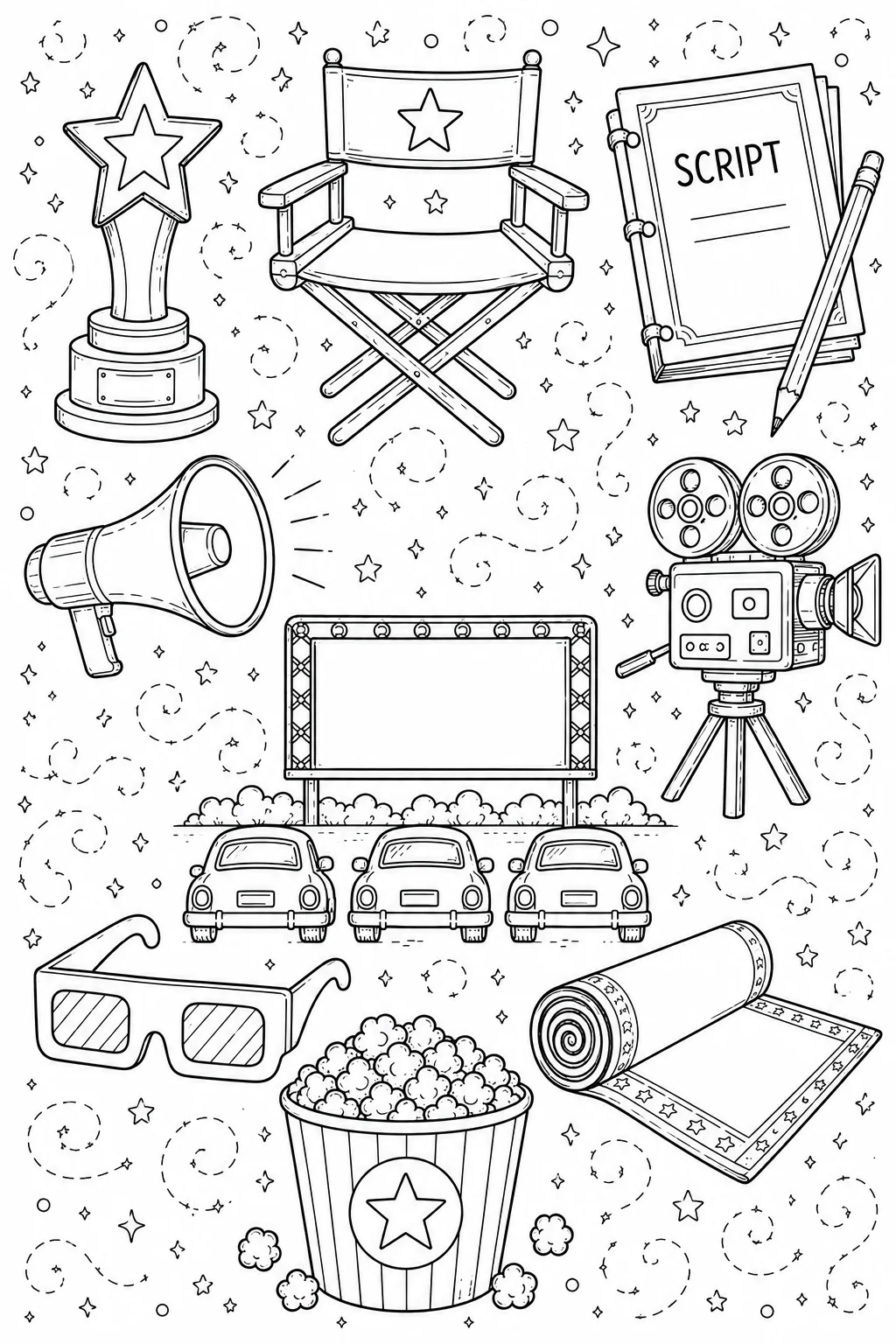 Printable Hollywood Cinema hollywood award trophy and movie camera doodle coloring page sheet