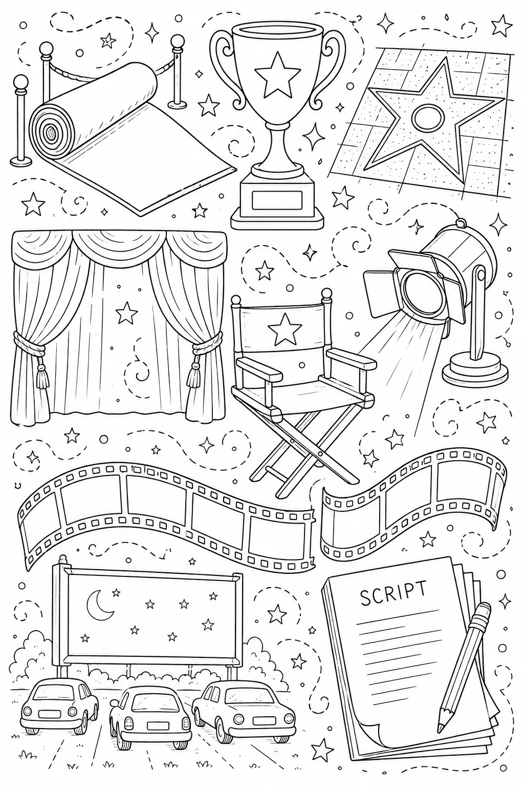 Printable Hollywood Cinema theater stage and golden star walk doodle coloring page sheet