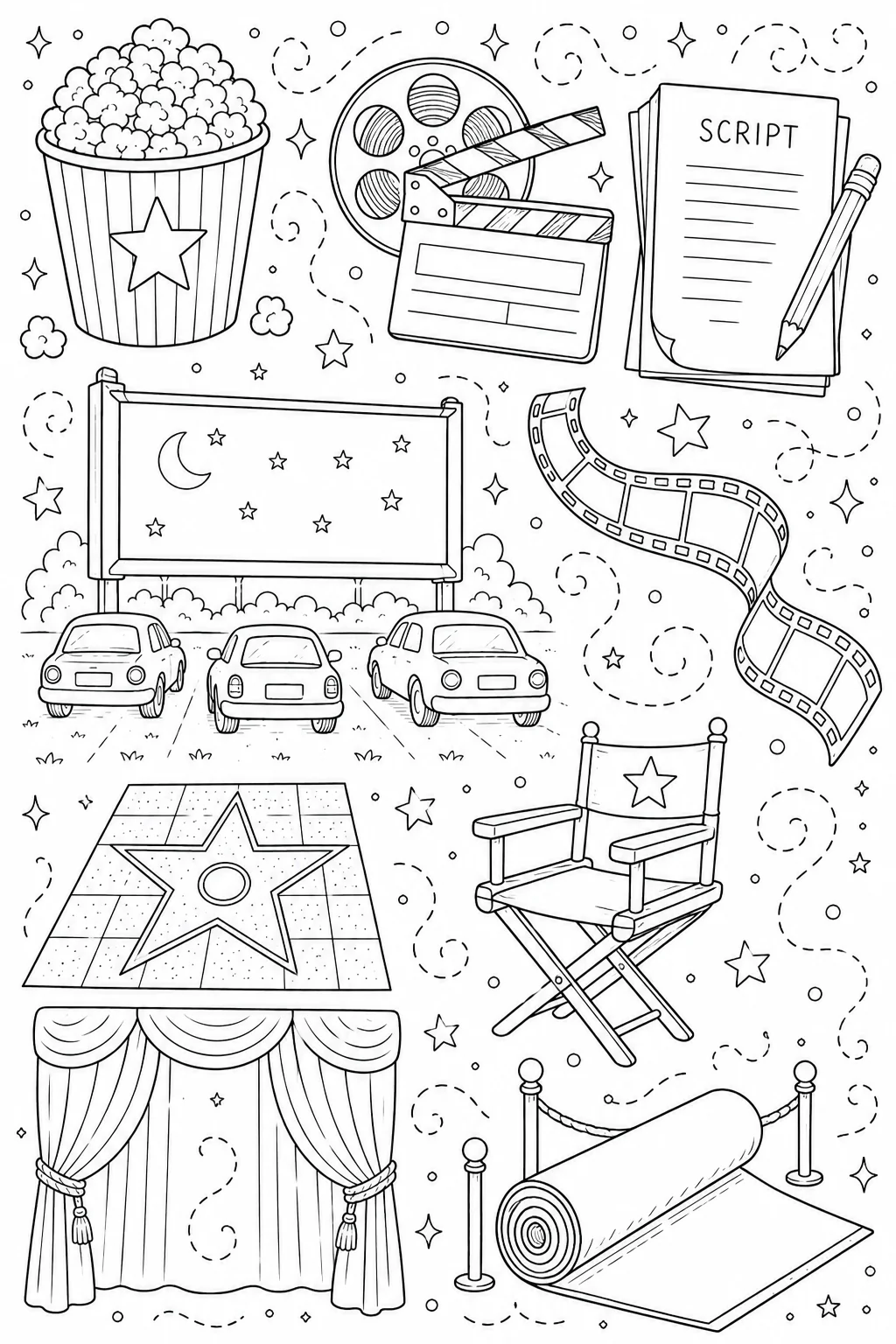 Printable Hollywood Cinema movie popcorn bucket and film script doodle coloring page sheet