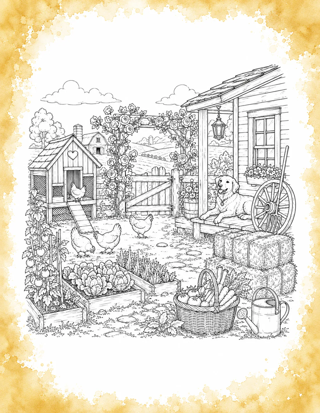 Farmyard homestead coloring page with a chicken coop, chickens pecking in the dirt, vegetable garden beds, a basket of fresh veggies, and a dog on the porch in a yellow border.