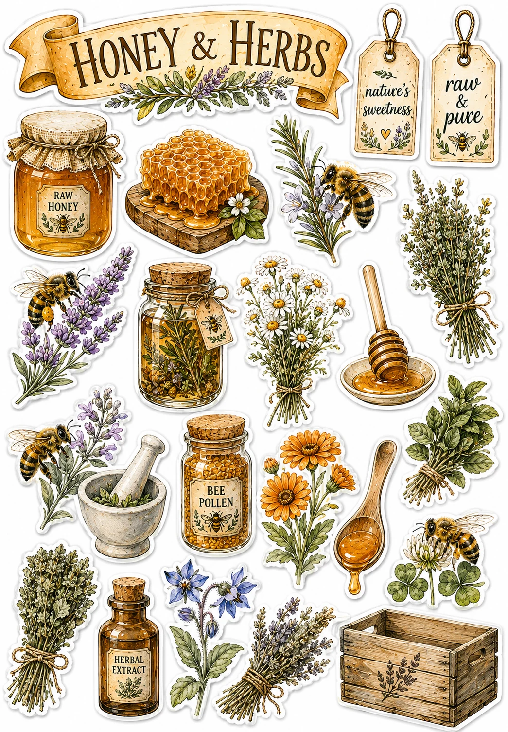 Honey and Herbs Wooden Spoon Pollen Sheet featuring honeybees, beekeeping, honey jars, wildflowers, and honeycombs.