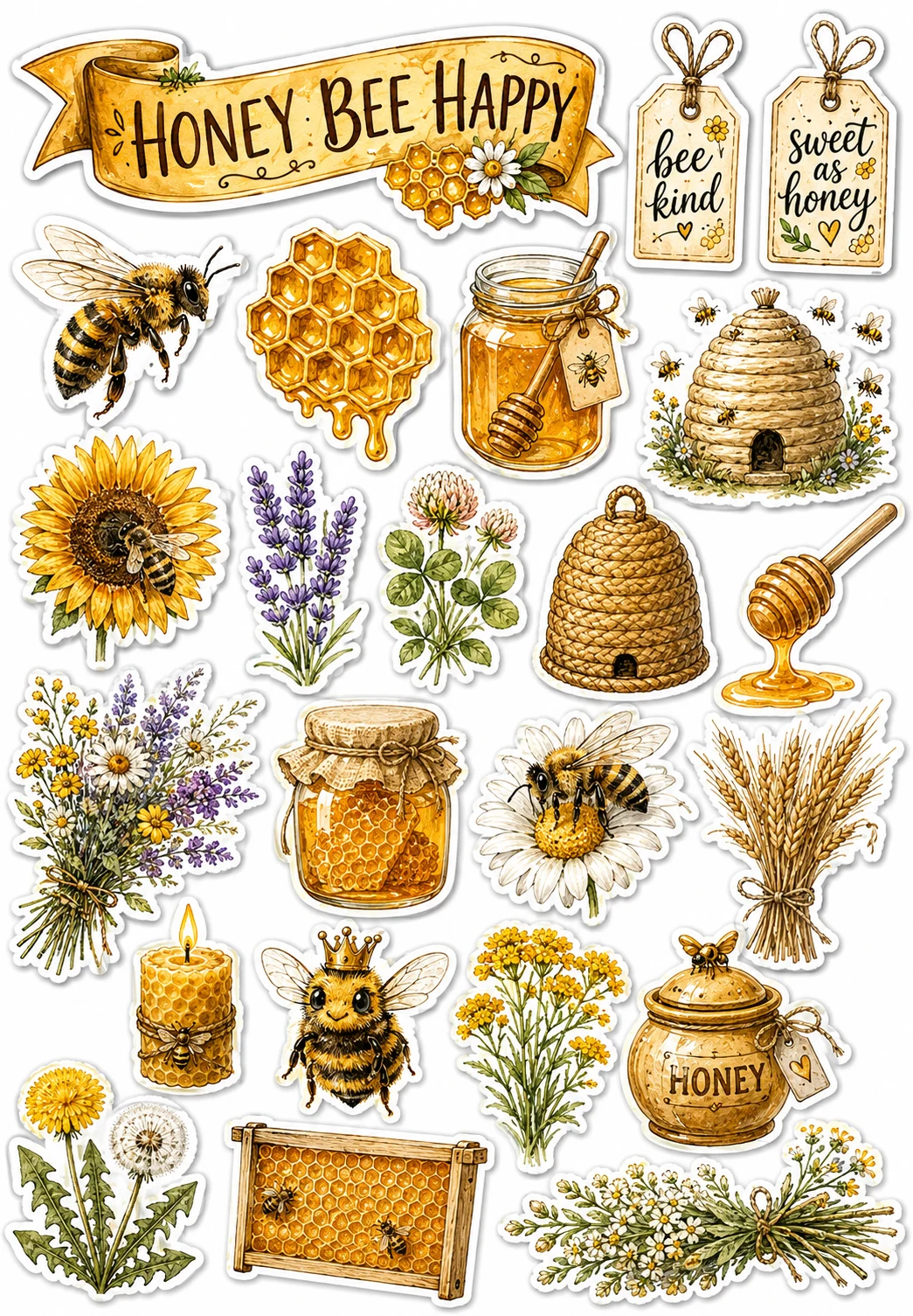 Honey Bee Happy Hive Lavender Jars Sheet featuring honeybees, beekeeping, honey jars, wildflowers, and honeycombs.