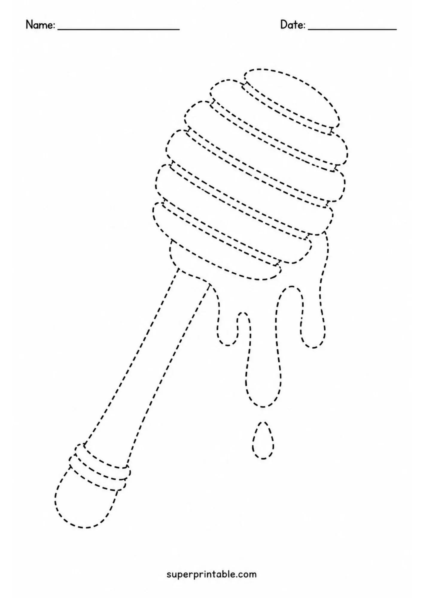 Dashed outline tracing page of a wooden honey dipper wand dripping sweet honey drops.
