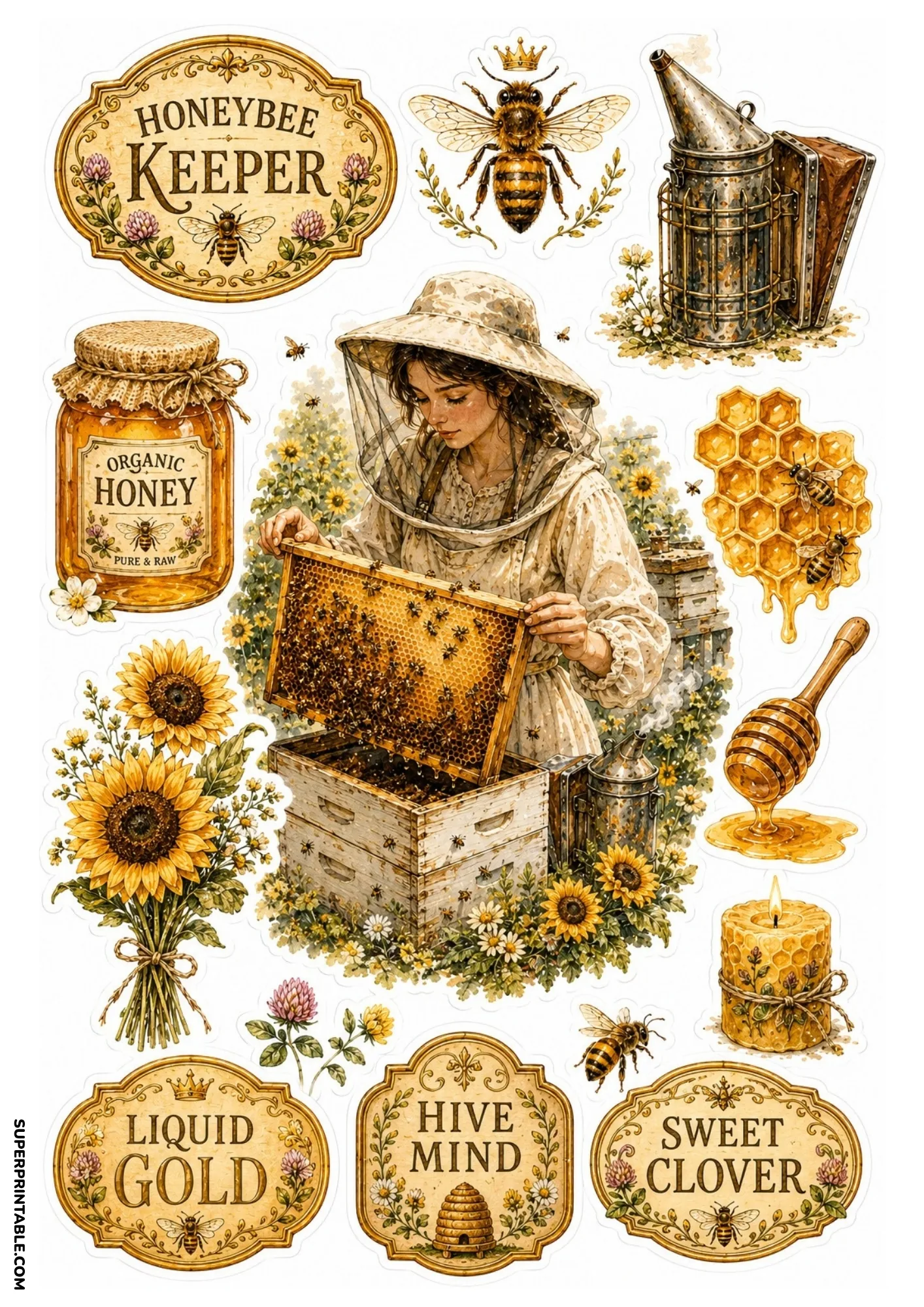 Beekeeping honeybee stickers depicting a keeper with honeycomb, organic honey jar, sunflowers, and beeswax.