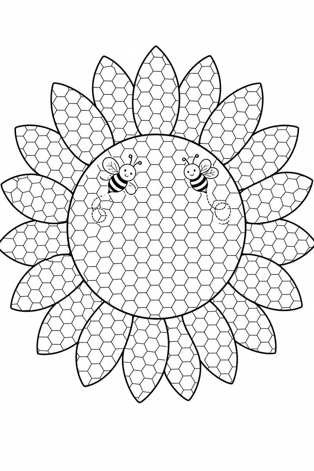 Sunflower design with honeycomb texture grid and two cute little bumblebees coloring sheet.