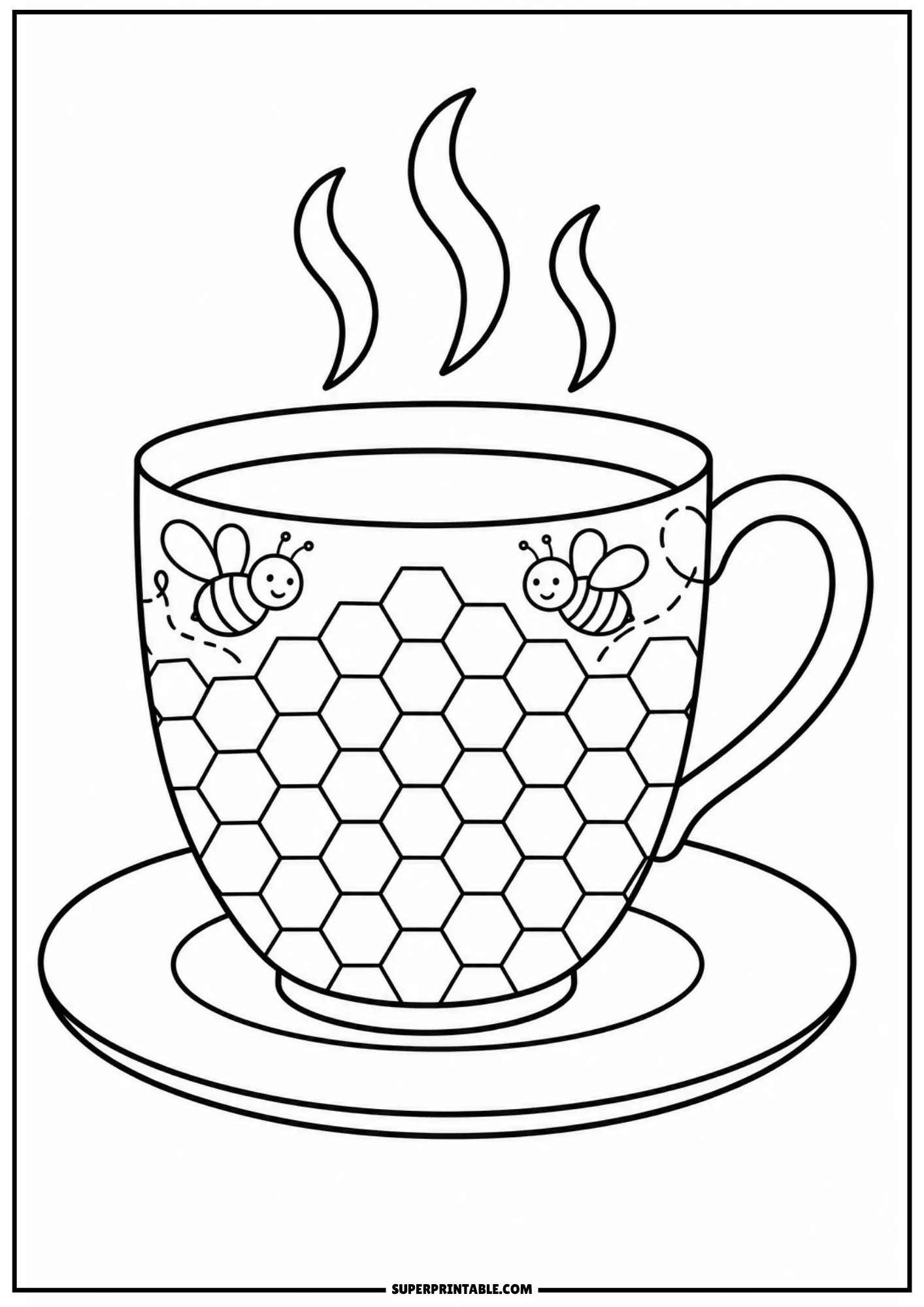 Cute line art illustration of a steaming teacup decorated with a honeycomb pattern and smiling bumblebees.