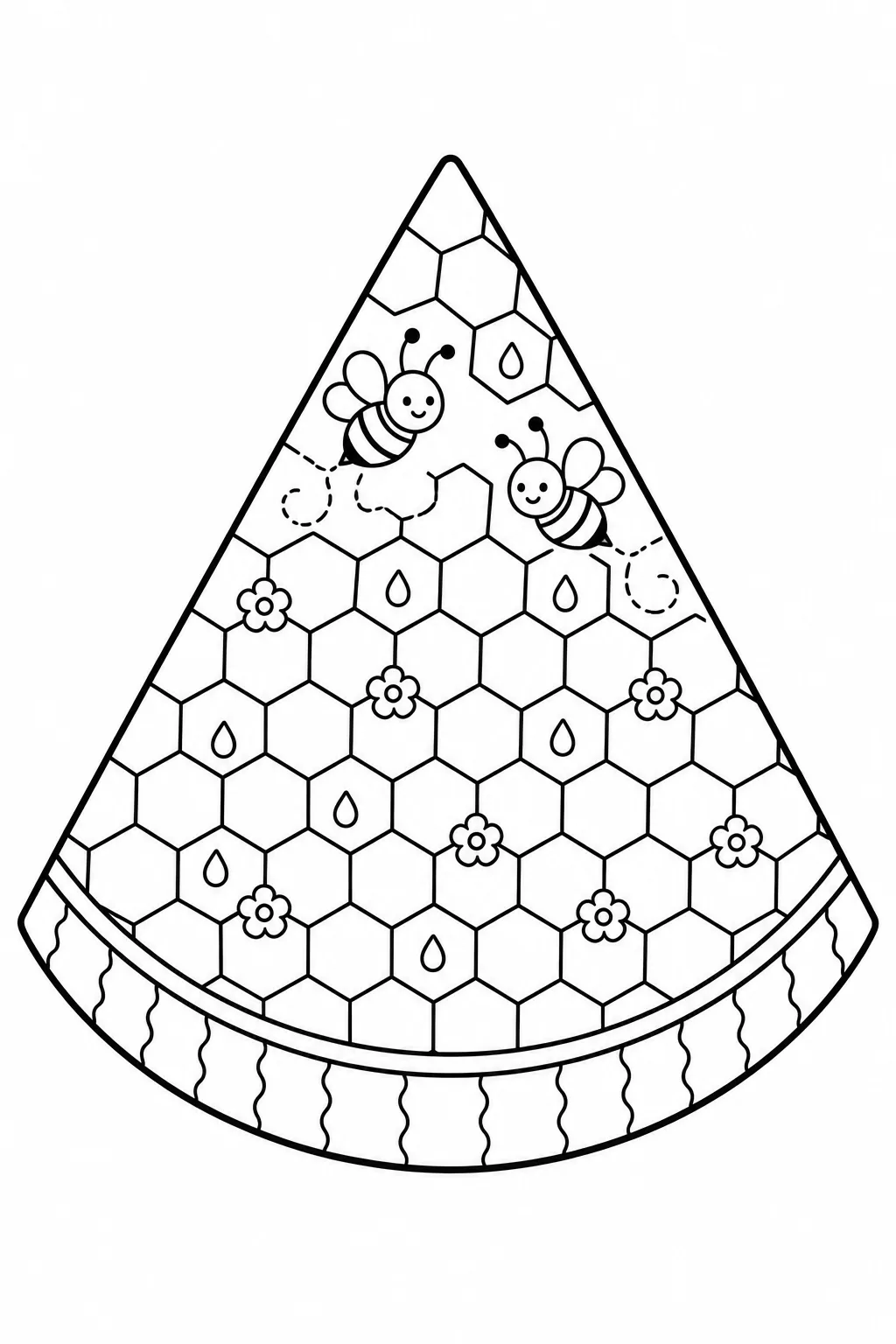 Hexagonal honeycomb grid with flying bees inside a watermelon slice coloring page.