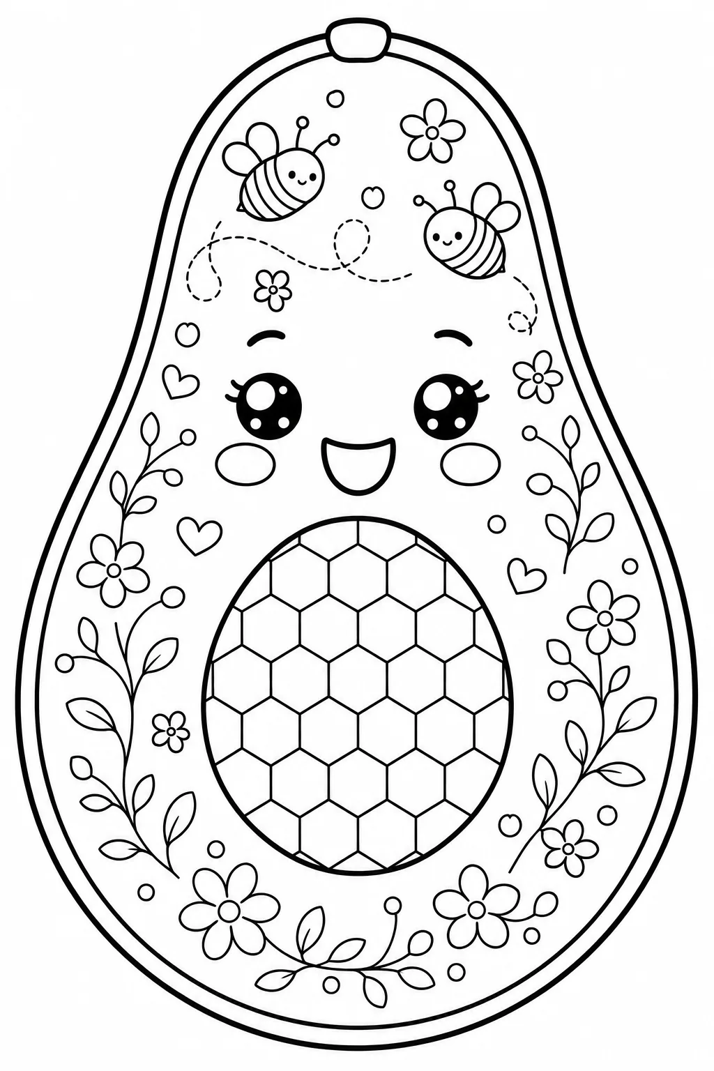 Smiling avocado featuring a honeycomb pit and flying bumblebees.